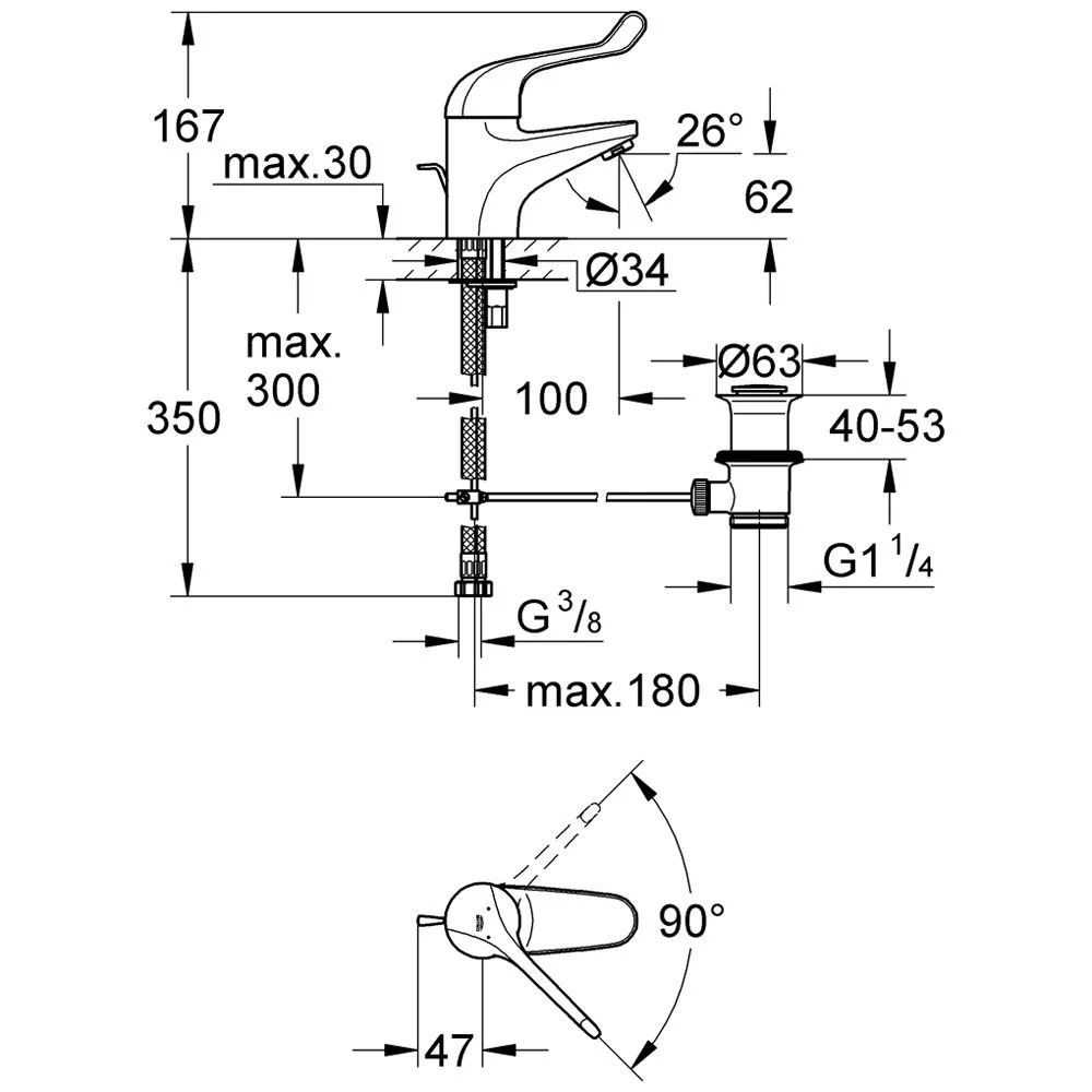 Rysunek techniczny baterii umywalkowej z wymiarami, Grohe