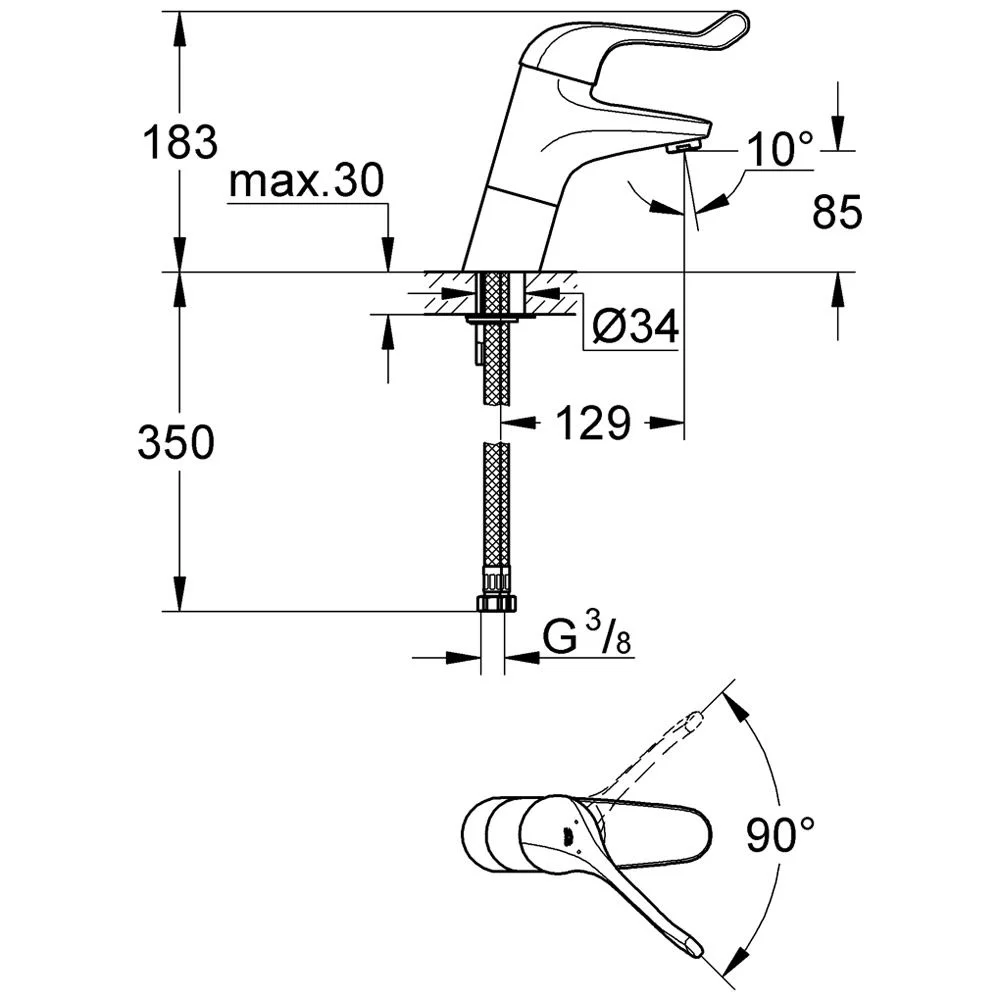 Rysunek techniczny baterii umywalkowej z wymiarami, Grohe