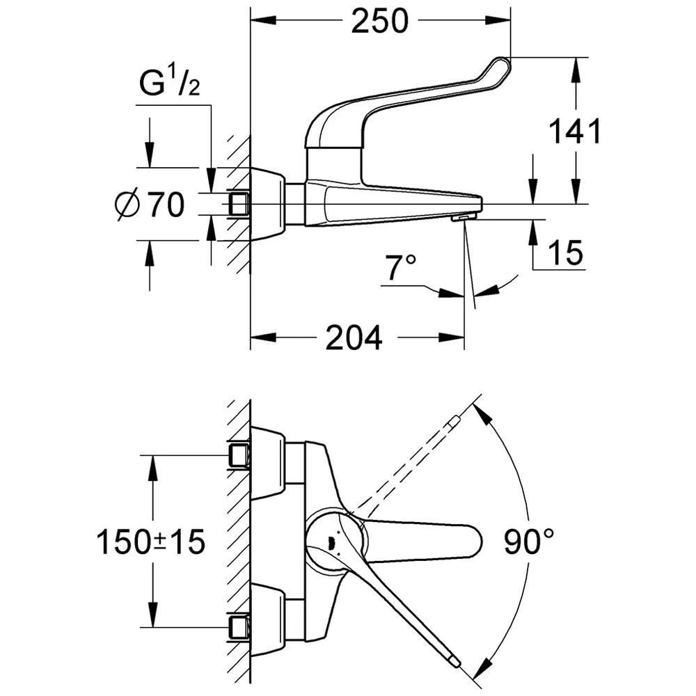 Rysunek techniczny baterii umywalkowej z wymiarami, Grohe