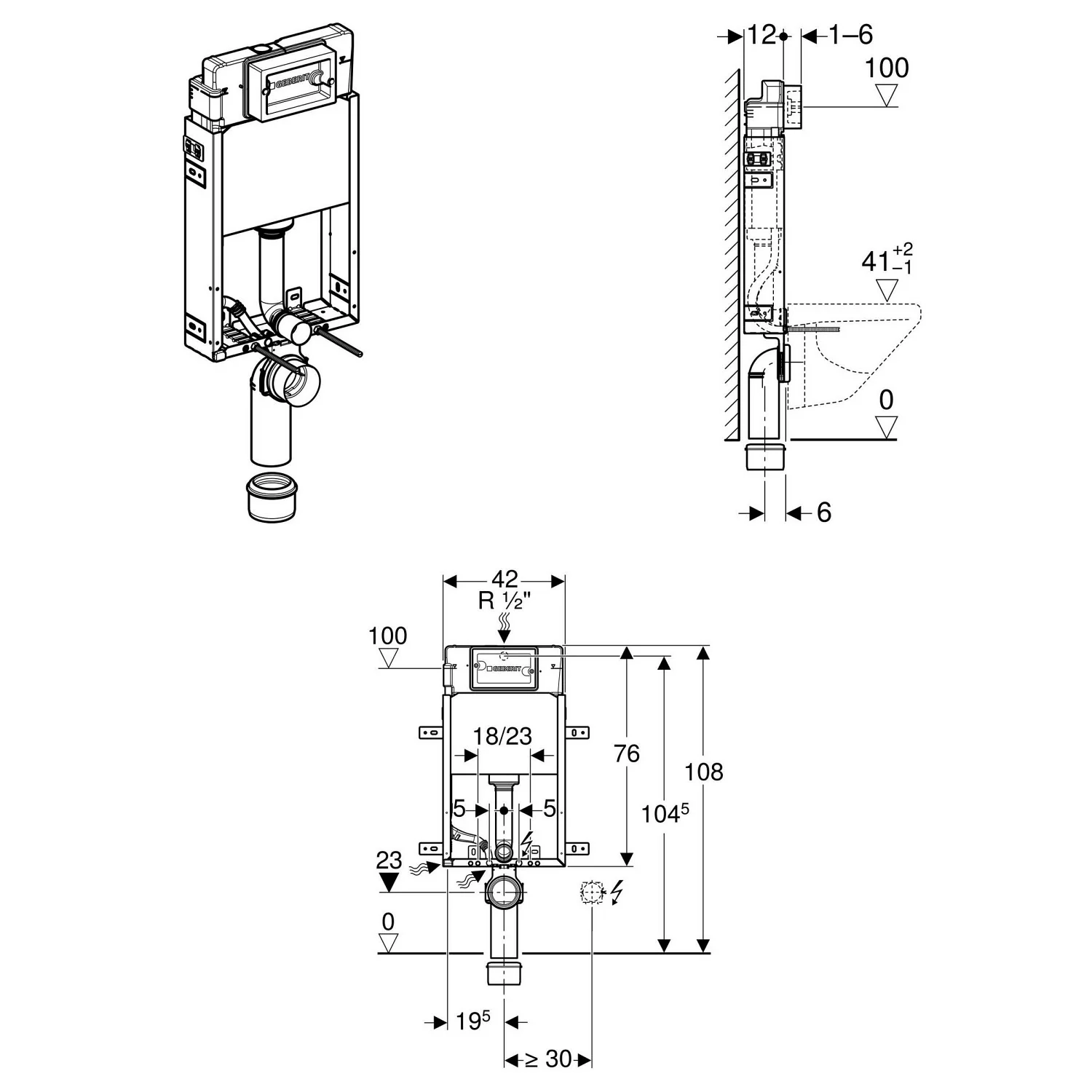Geberit Kombifix Element für Wand-WC, 108 cm, mit Delta UP-Spülkasten 12 cm, für Betätigung von vorne Bild 2