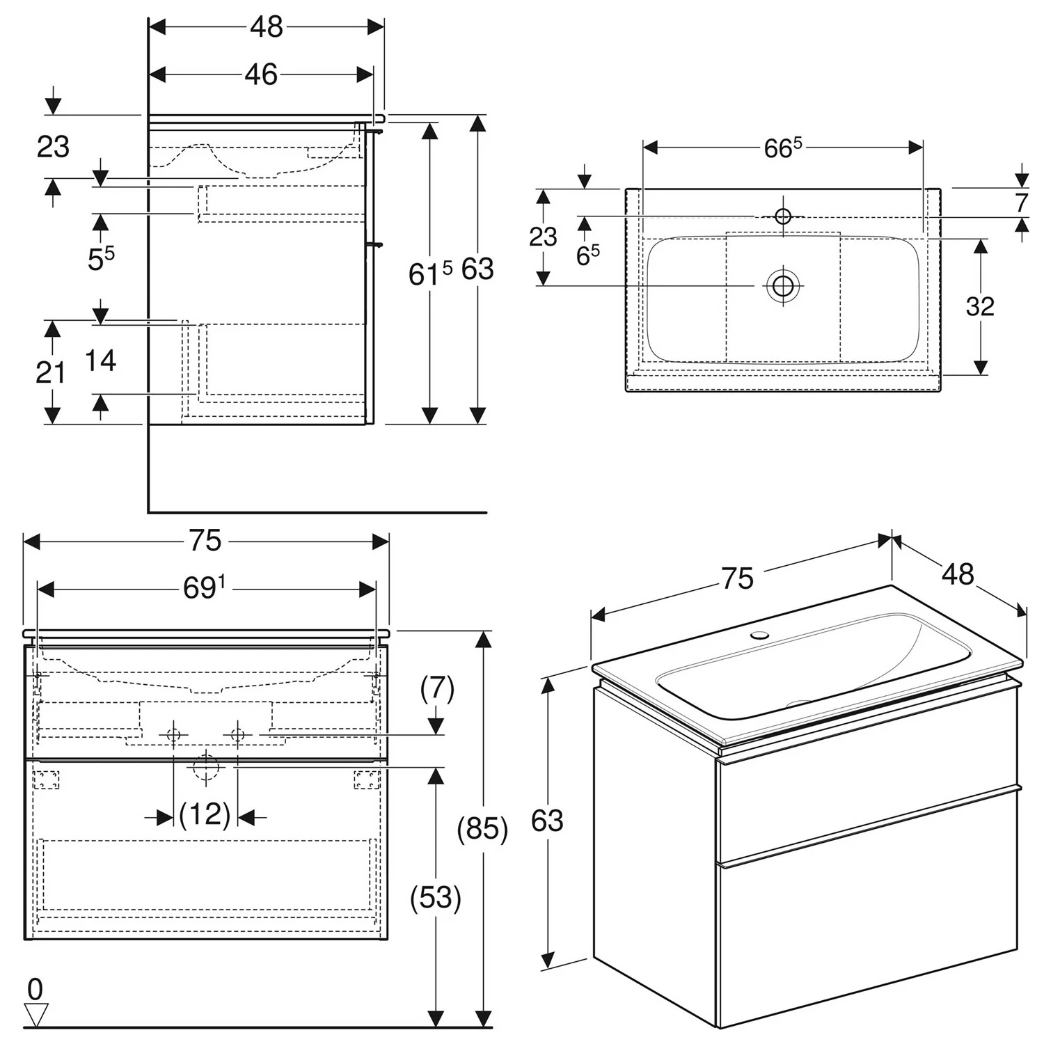 Geberit iCon Set Möbelwaschtisch 75 cm schmaler Rand, mit Unterschrank, 2 Schubladen und Waschbeckenanschluss Bild 3