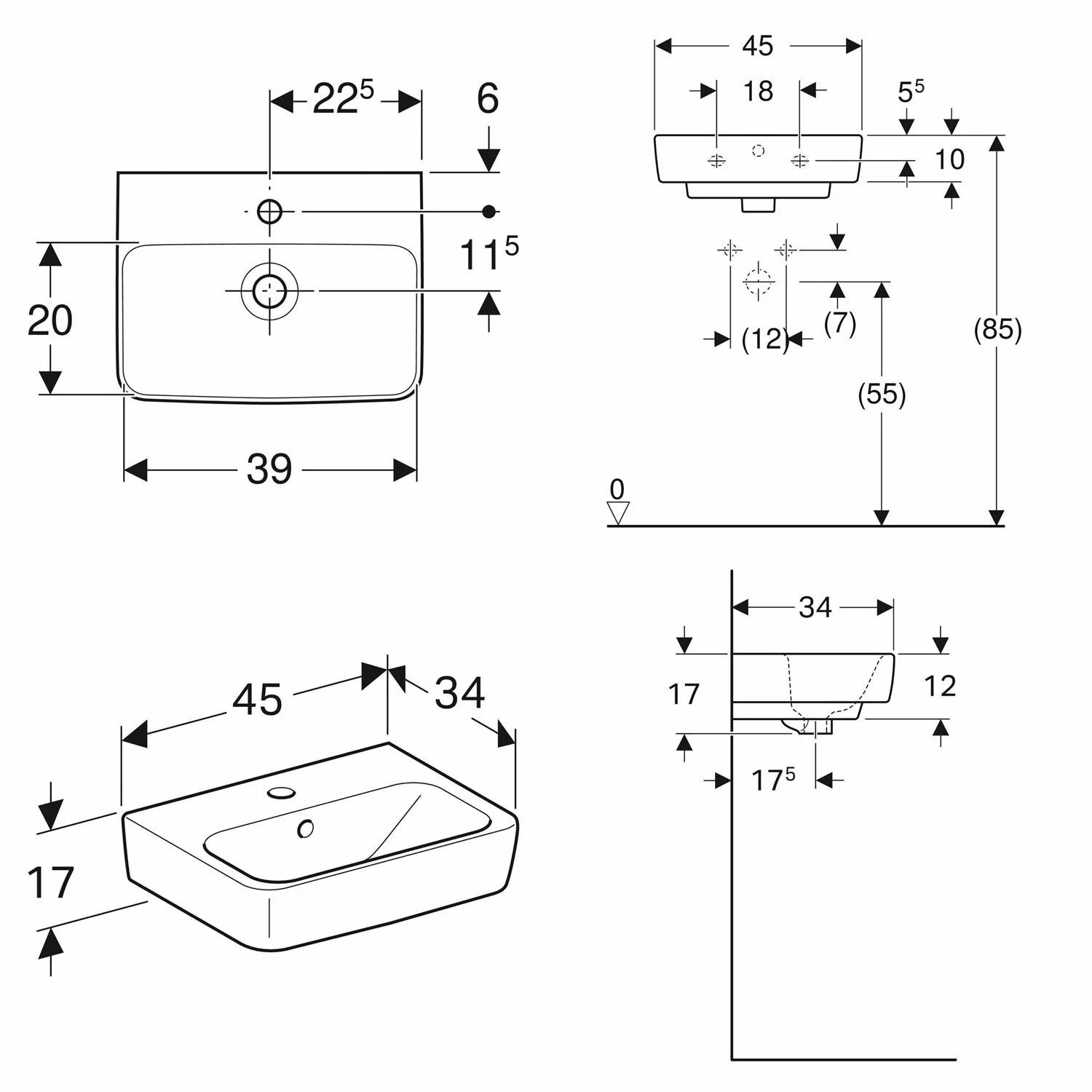 Geberit Renova Plan Handwaschbecken 45 cm, mit 1 Hahnloch, mit Überlauf Bild 3