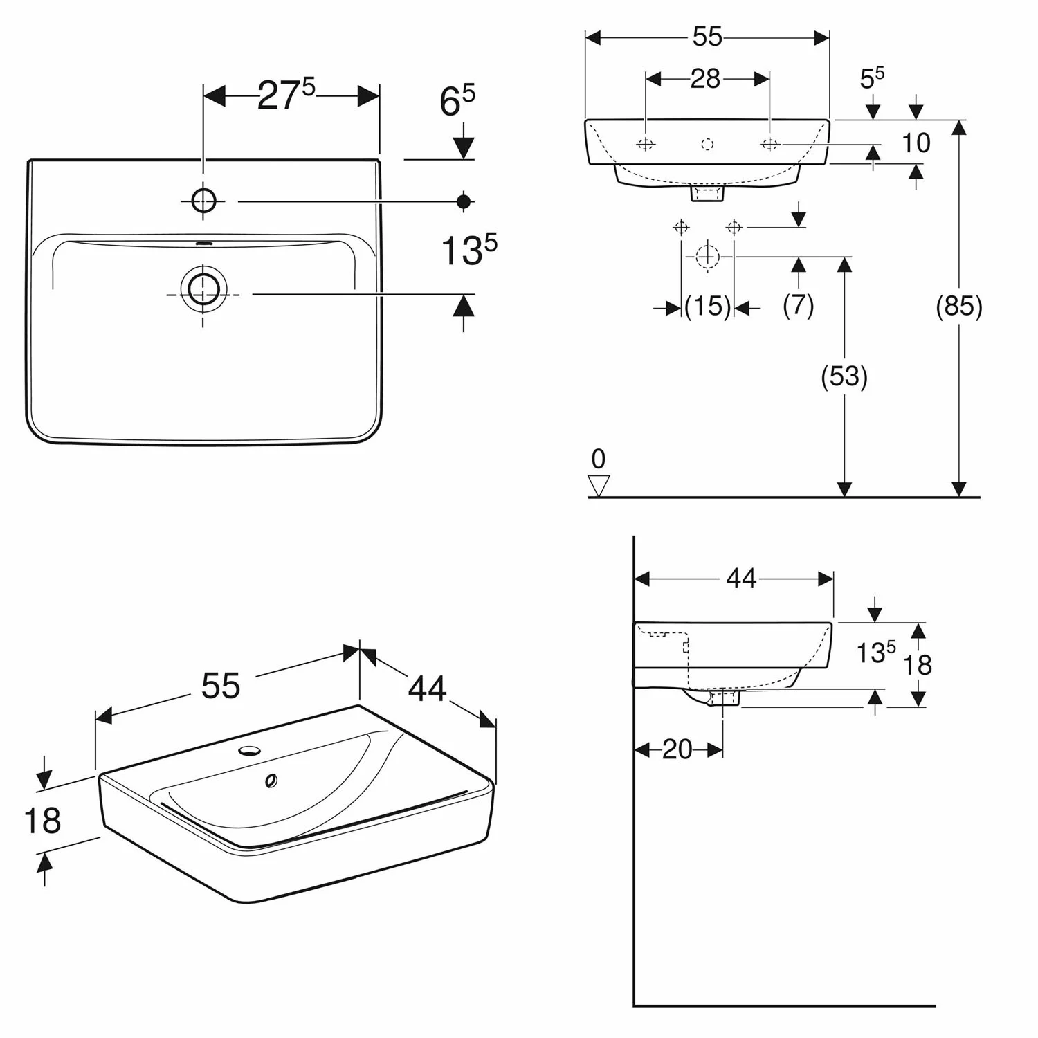 Geberit Renova Plan Waschtisch 55 cm, mit 1 Hahnloch, mit Überlauf Bild 3