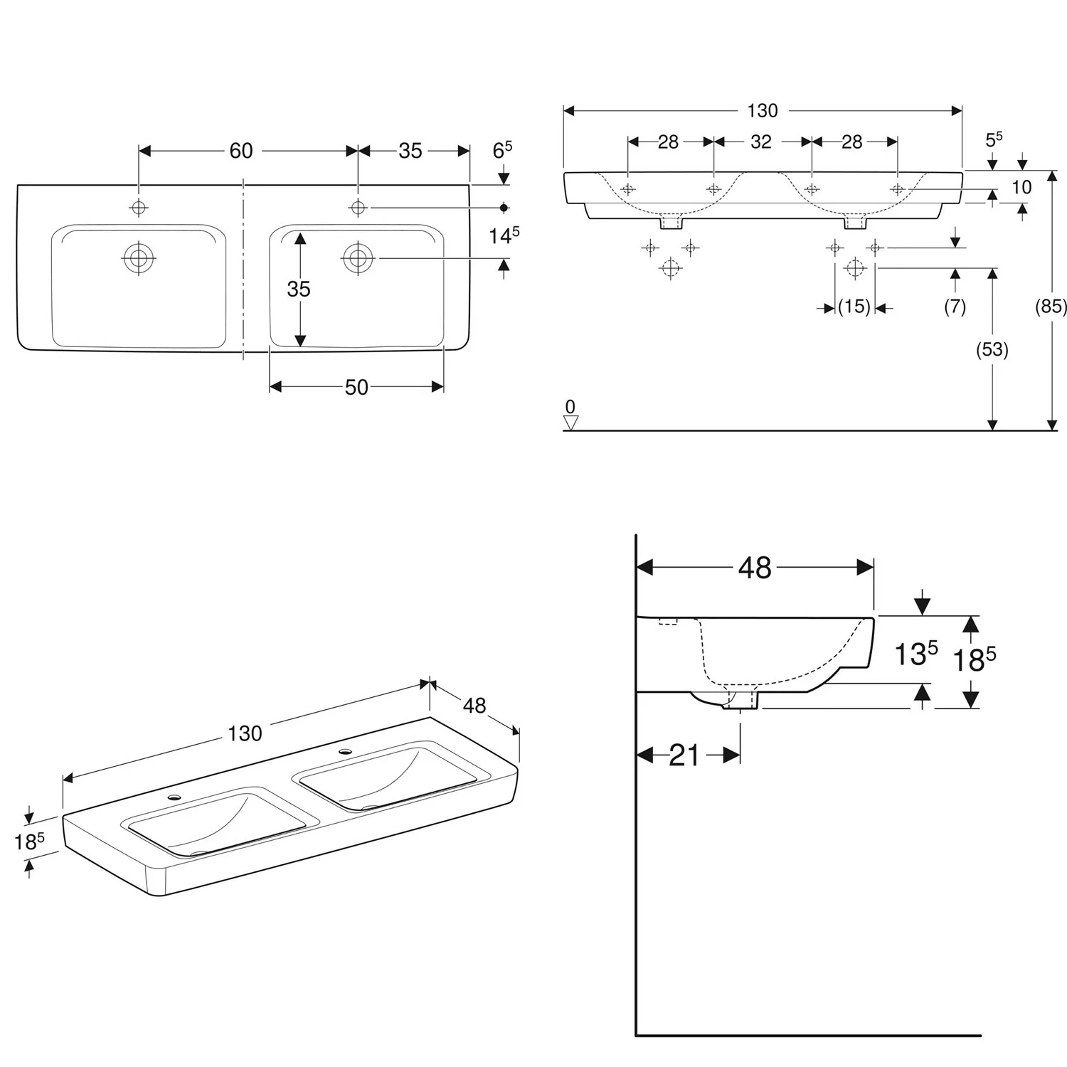 Geberit Renova Plan Doppelwaschtisch 130 cm mit Ablagefläche, mit 2 Hahnlöchern, ohne Überlauf Bild 3