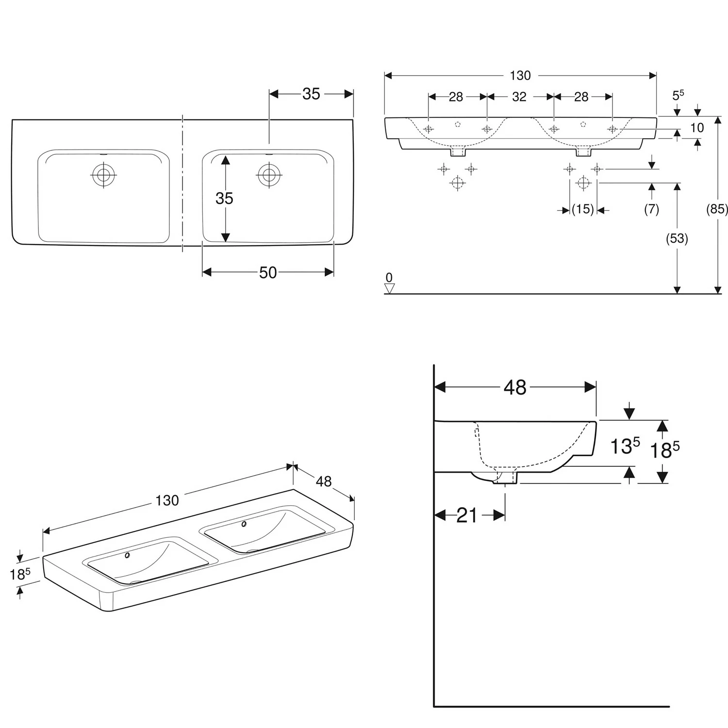 Geberit Renova Plan Doppelwaschtisch 130 cm mit Ablagefläche, ohne Hahnloch, mit Überlauf Bild 3