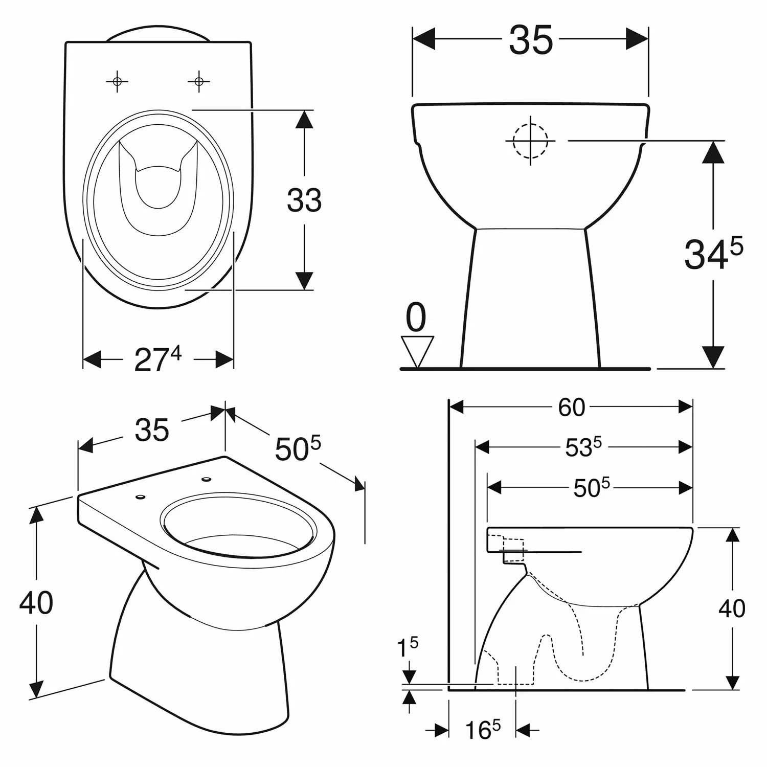 Rysunek techniczny toalety z wymiarami, Geberit