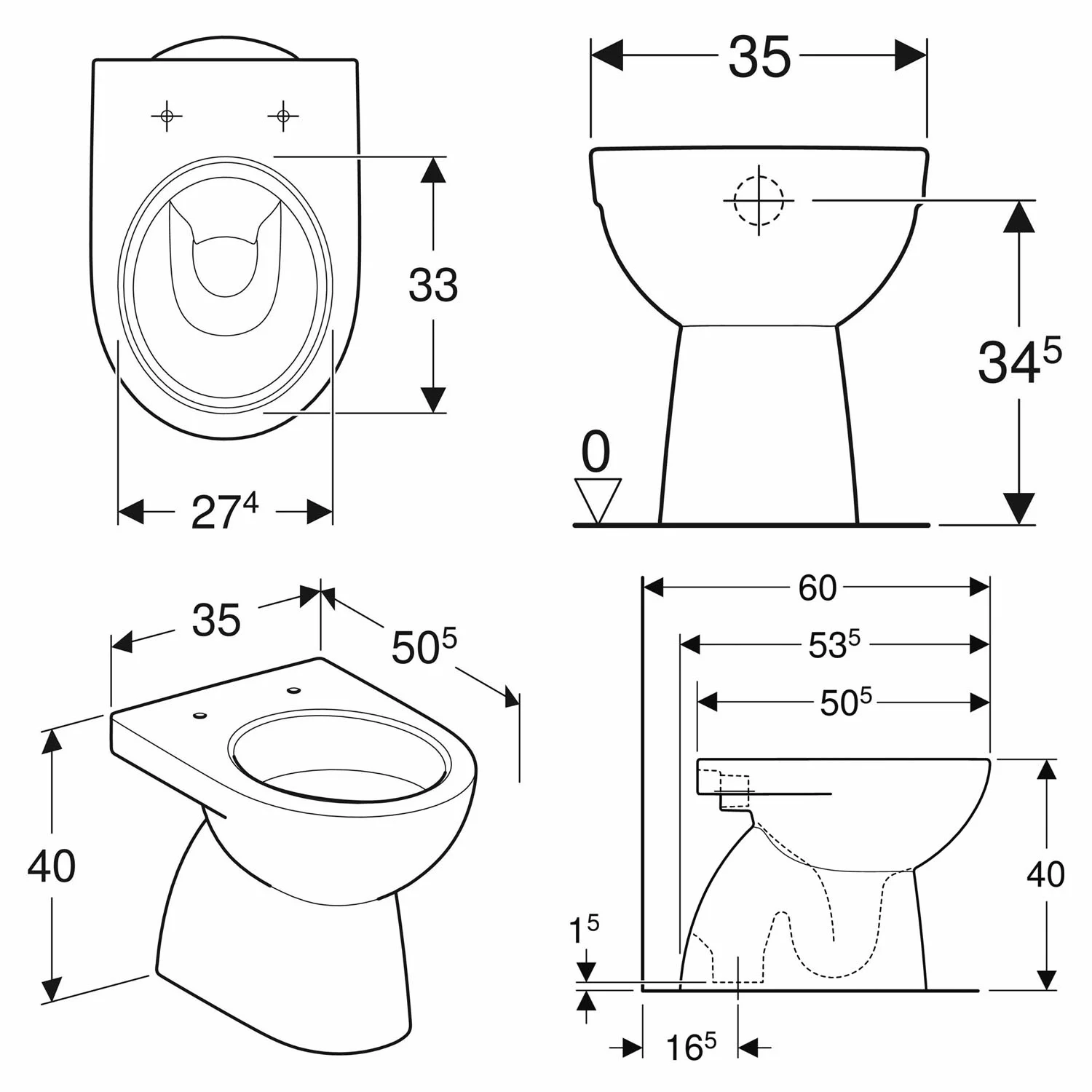 Rysunek techniczny toalety z wymiarami, Geberit