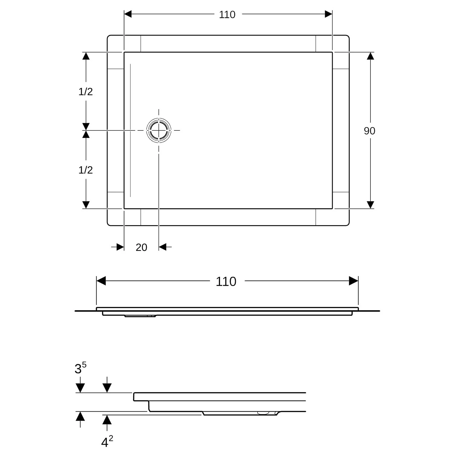 Rysunek techniczny brodzika 110x90 cm, Geberit