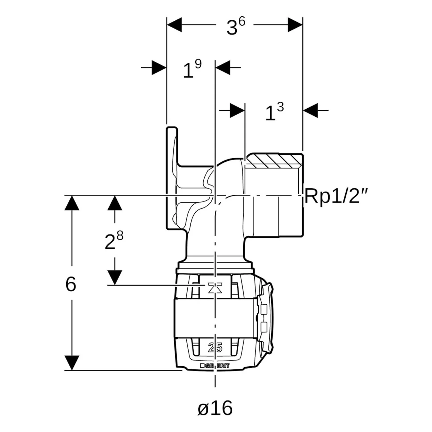 Geberit FlowFit Anschlusswinkel 90°: Werkstoff=Bleifreier Rotguss, d=16mm, Rp=1/2″, L=3.6cm Bild 2