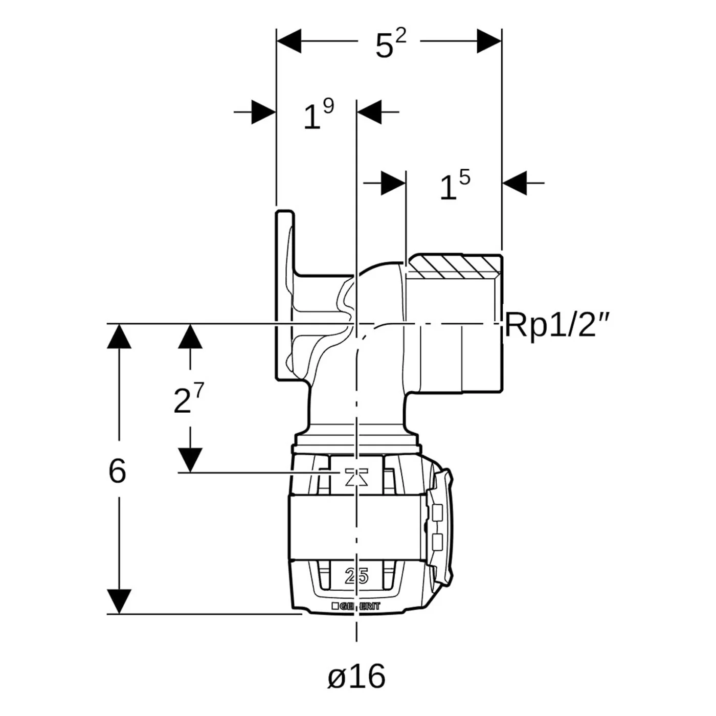 Geberit FlowFit Anschlusswinkel 90°: Werkstoff=Bleifreier Rotguss, d=16mm, Rp=1/2″, L=5.2cm Bild 2