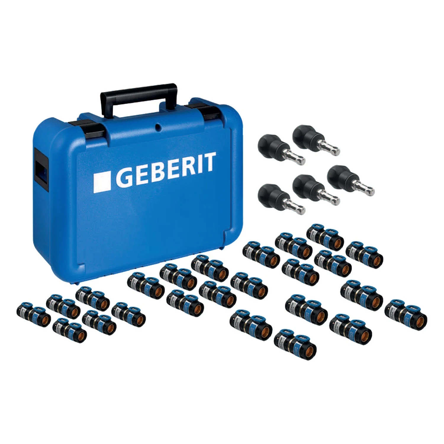 Geberit FlowFit Koffer bestückt mit Übergängen auf Fremdsysteme