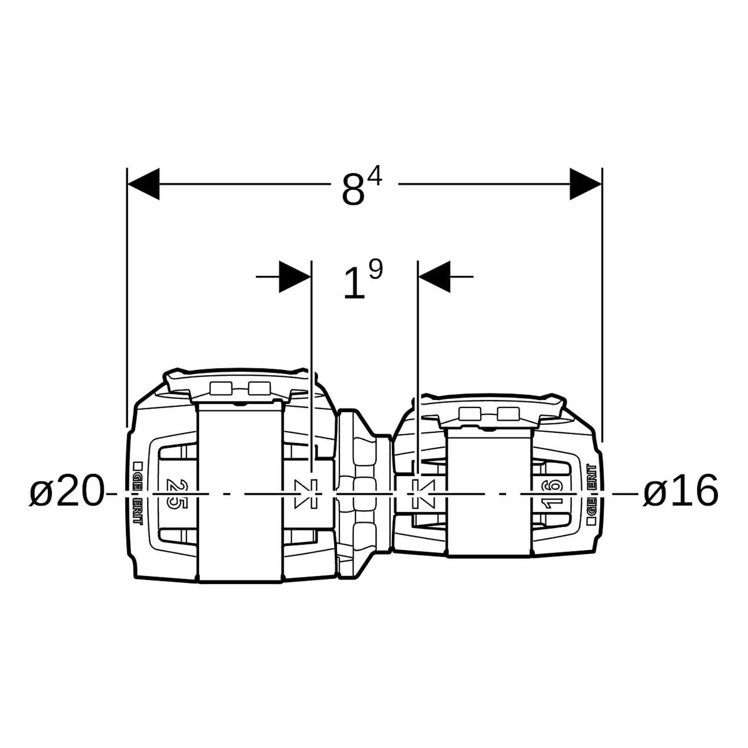 Geberit FlowFit Reduktion: d=20mm, d1=16mm, Werkstoff=PPSU Bild 2