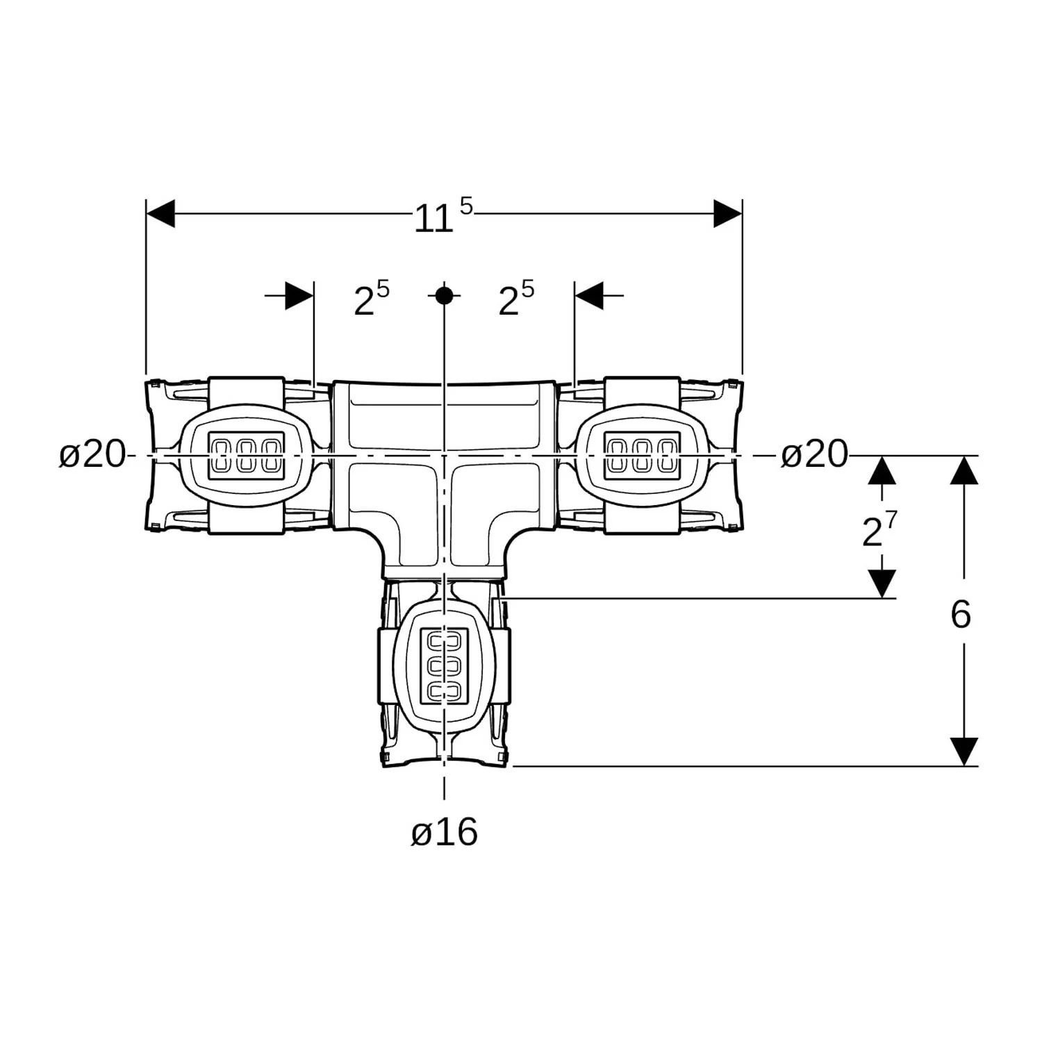 Geberit FlowFit T-Stück reduziert: Werkstoff=PPSU, d=20mm, d1=16mm, d2=20mm Bild 2