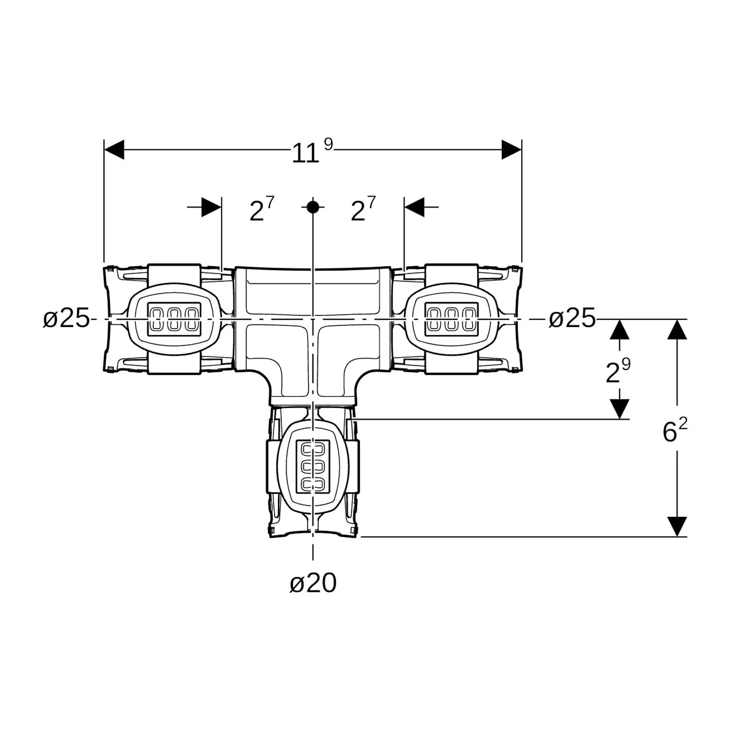 Geberit FlowFit T-Stück reduziert: Werkstoff=PPSU, d=25mm, d1=20mm, d2=25mm Bild 2