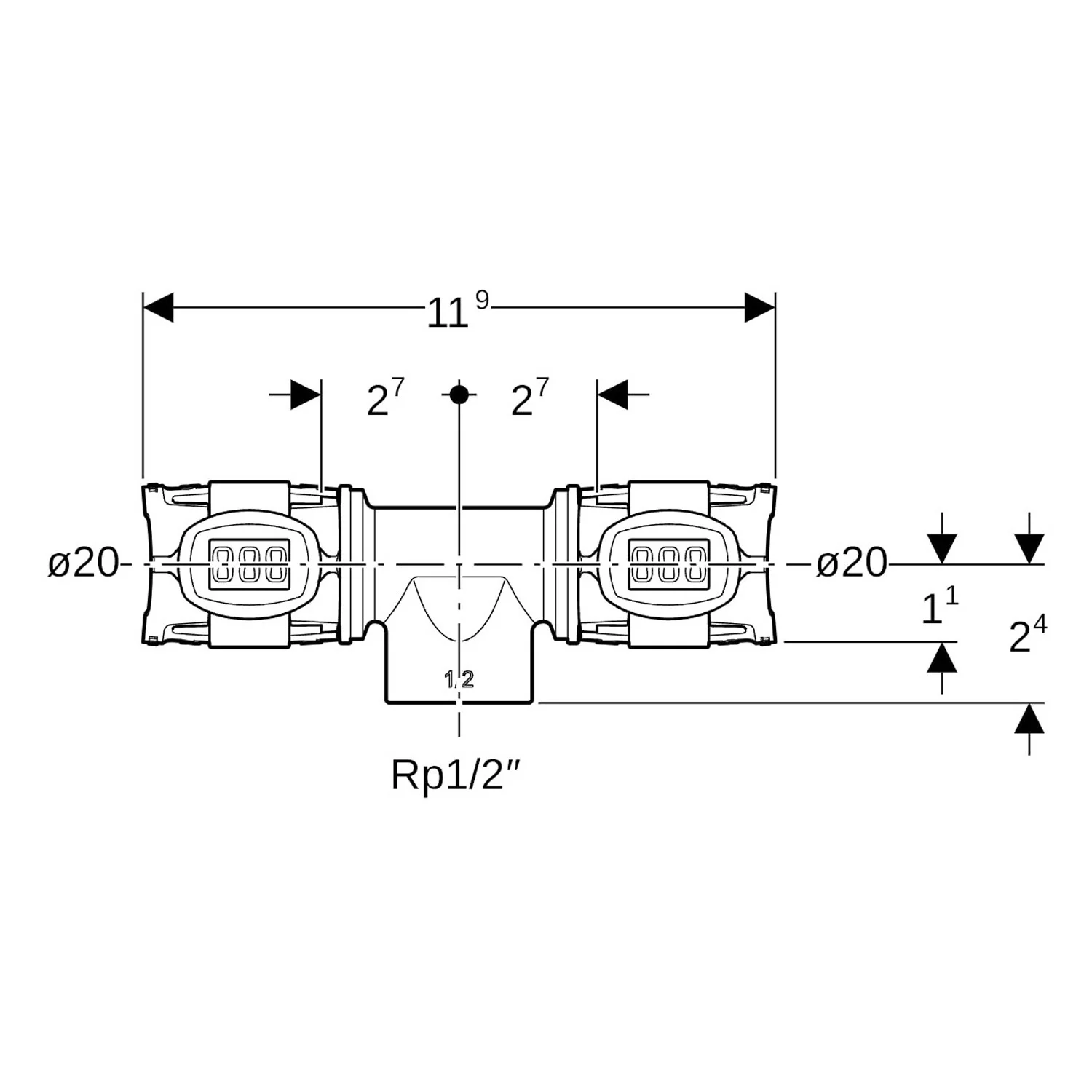 Geberit FlowFit T-Stück mit Innengewinde: Werkstoff=Bleifreier Rotguss, d=20mm, Rp=1/2″, d1=20mm Bild 2