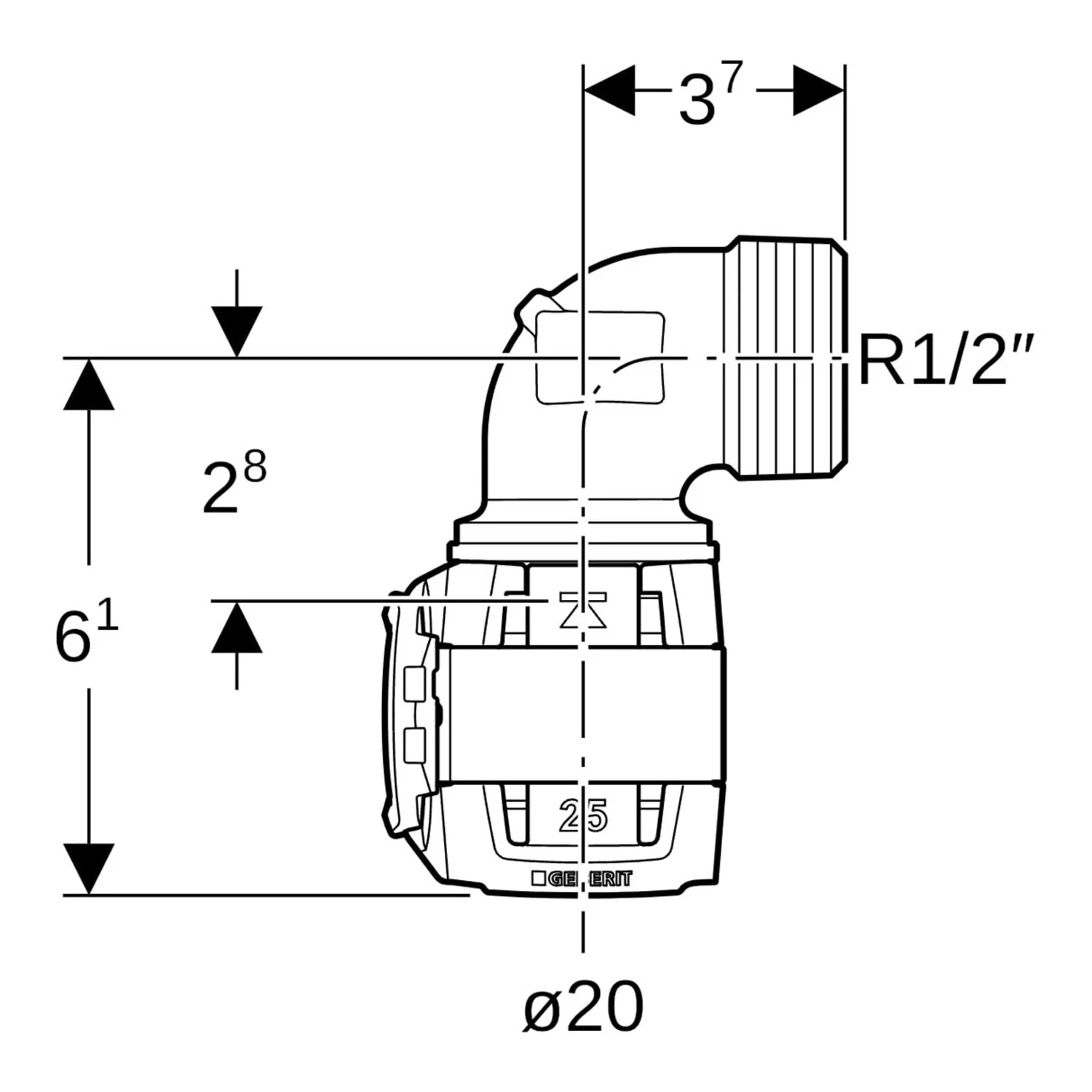 Geberit FlowFit Übergangsbogen 90° mit Außengewinde, lang: Werkstoff=Bleifreier Rotguss, d=20mm, R=1/2″ Bild 2