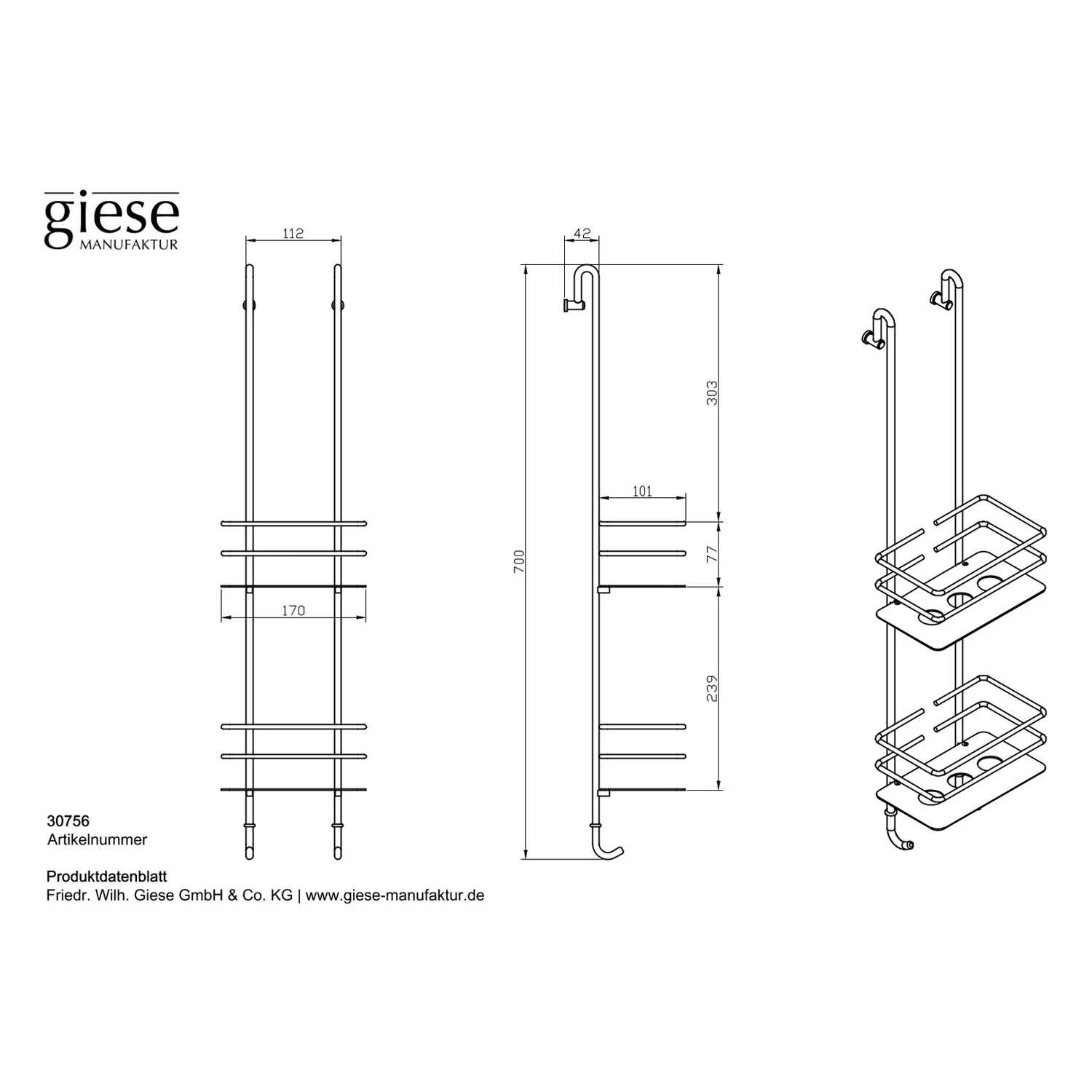 Rysunek techniczny kosza prysznicowego z wymiarami, Giese