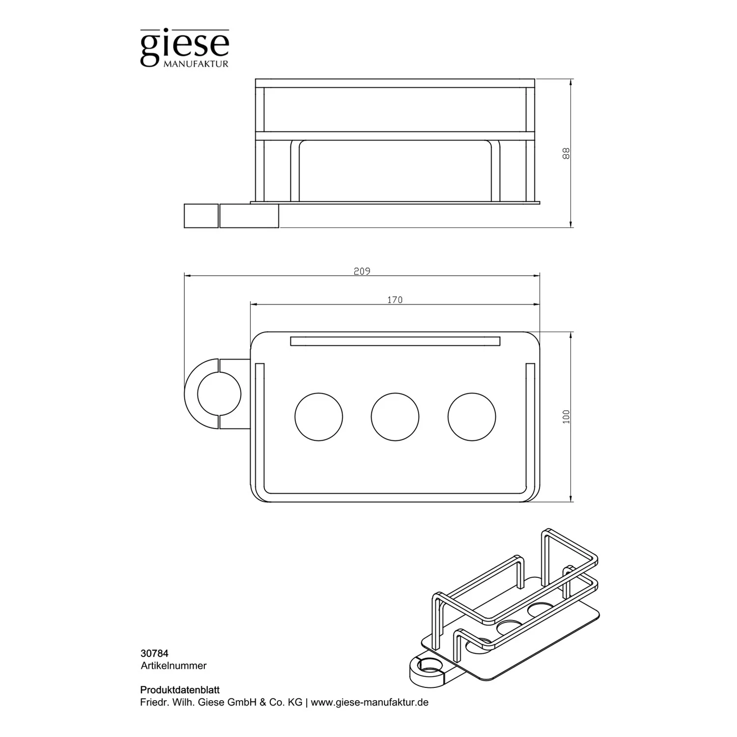 Rysunek techniczny kosza prysznicowego z wymiarami, Giese