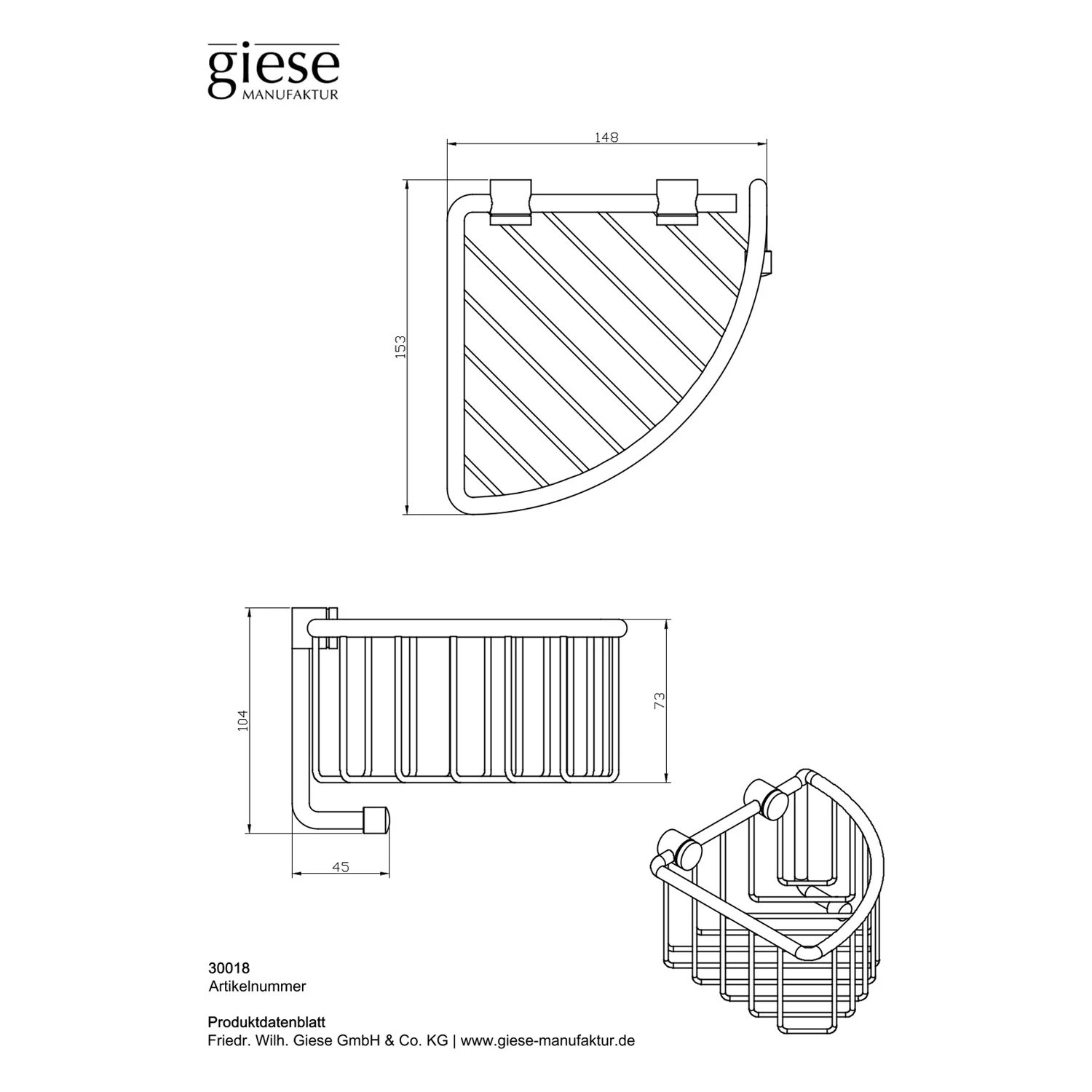 Rysunek techniczny uniwersalnego narożnego kosza prysznicowego, Giese