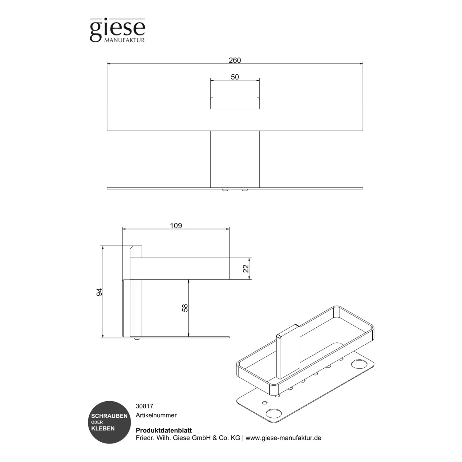 Rysunek techniczny kosza prysznicowego z uchwytem, Giese