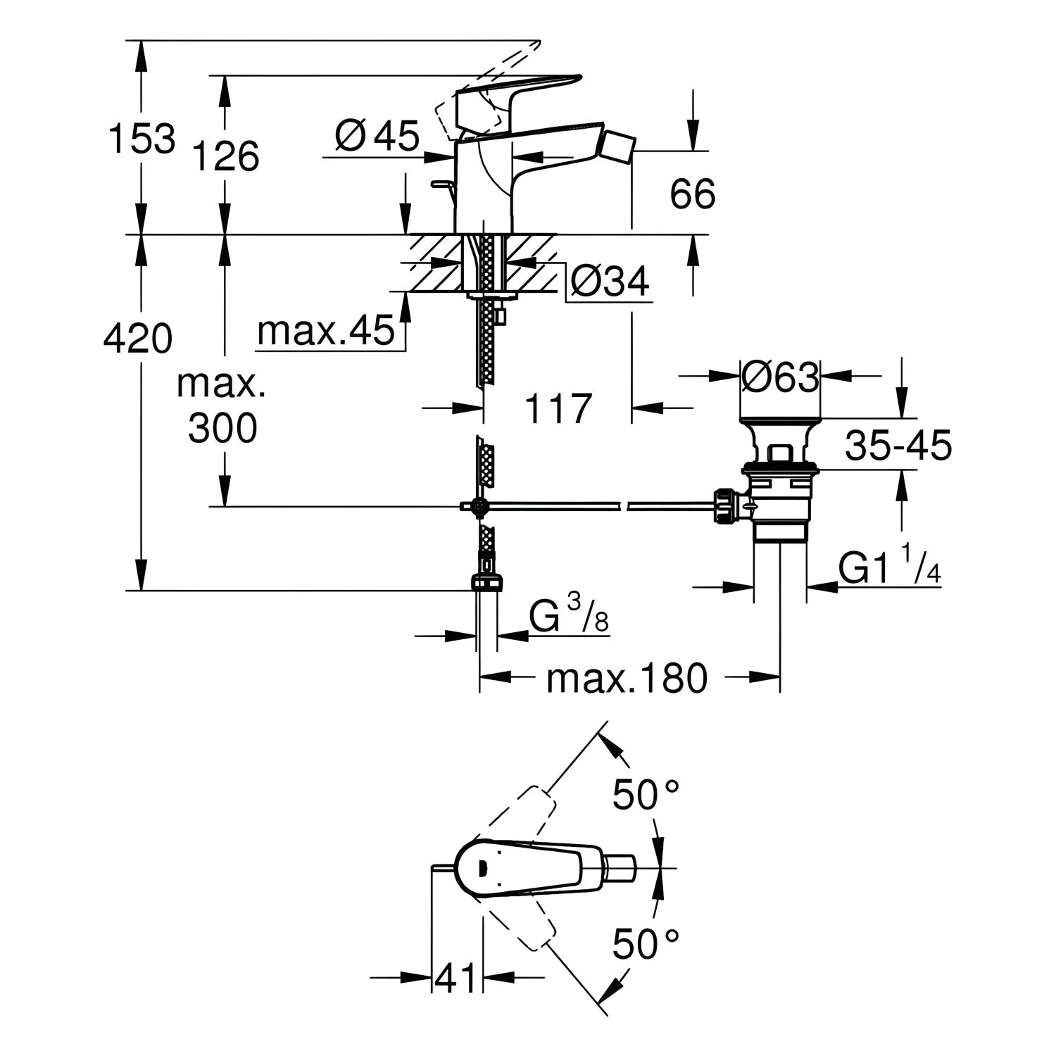 Rysunek techniczny baterii bidetowej z wymiarami, Grohe