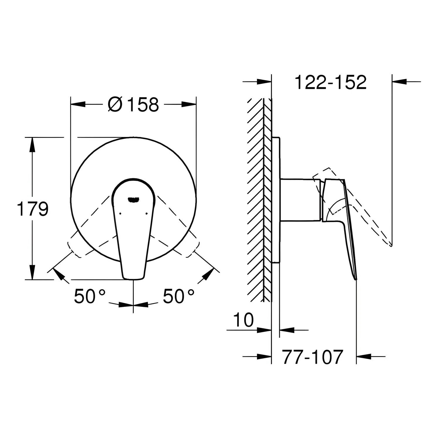 Rysunek techniczny baterii prysznicowej z wymiarami, Grohe