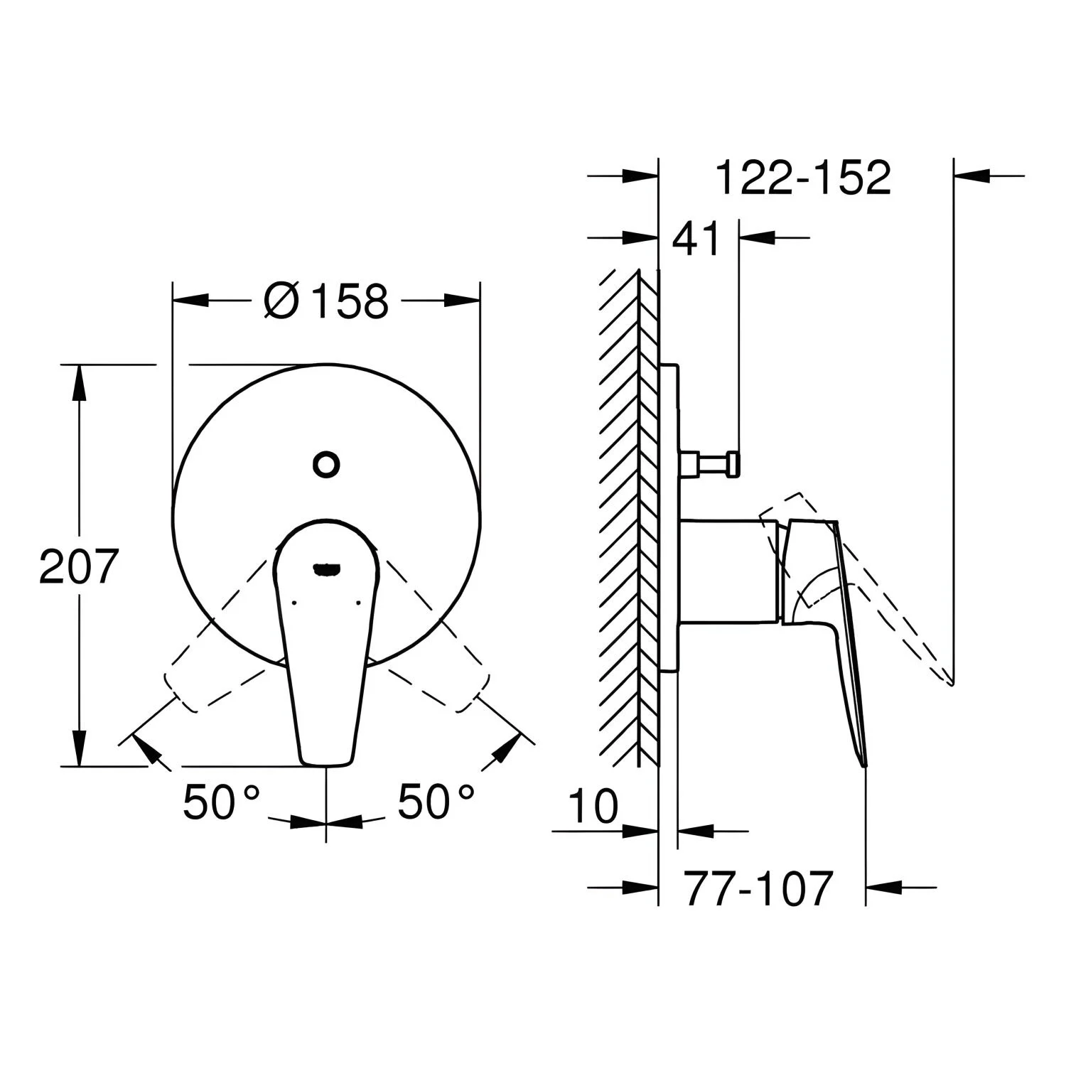 Rysunek techniczny baterii wannowej z wymiarami, Grohe