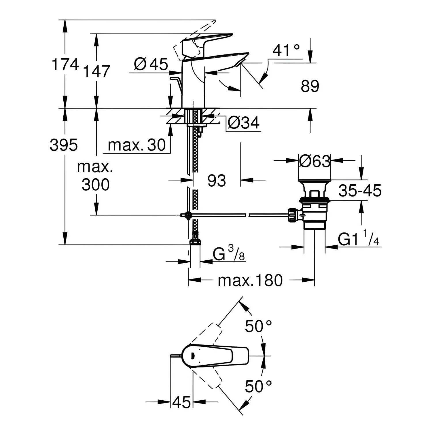 Rysunek techniczny baterii umywalkowej z wymiarami, Grohe