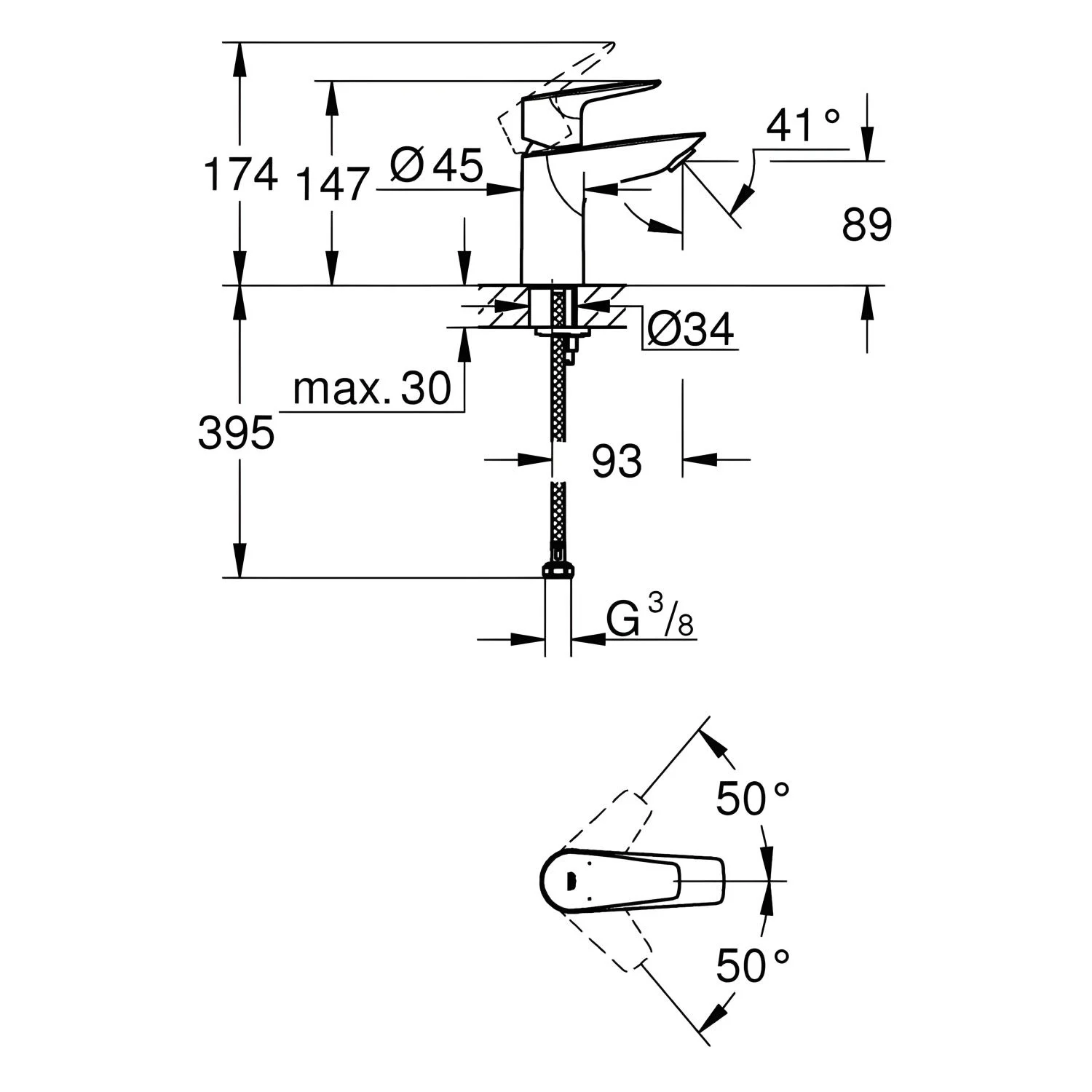 Rysunek techniczny baterii umywalkowej z wymiarami, Grohe