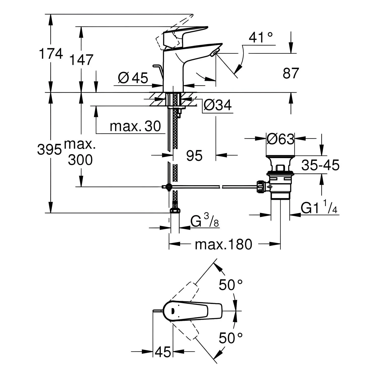 Rysunek techniczny baterii umywalkowej z wymiarami, Grohe