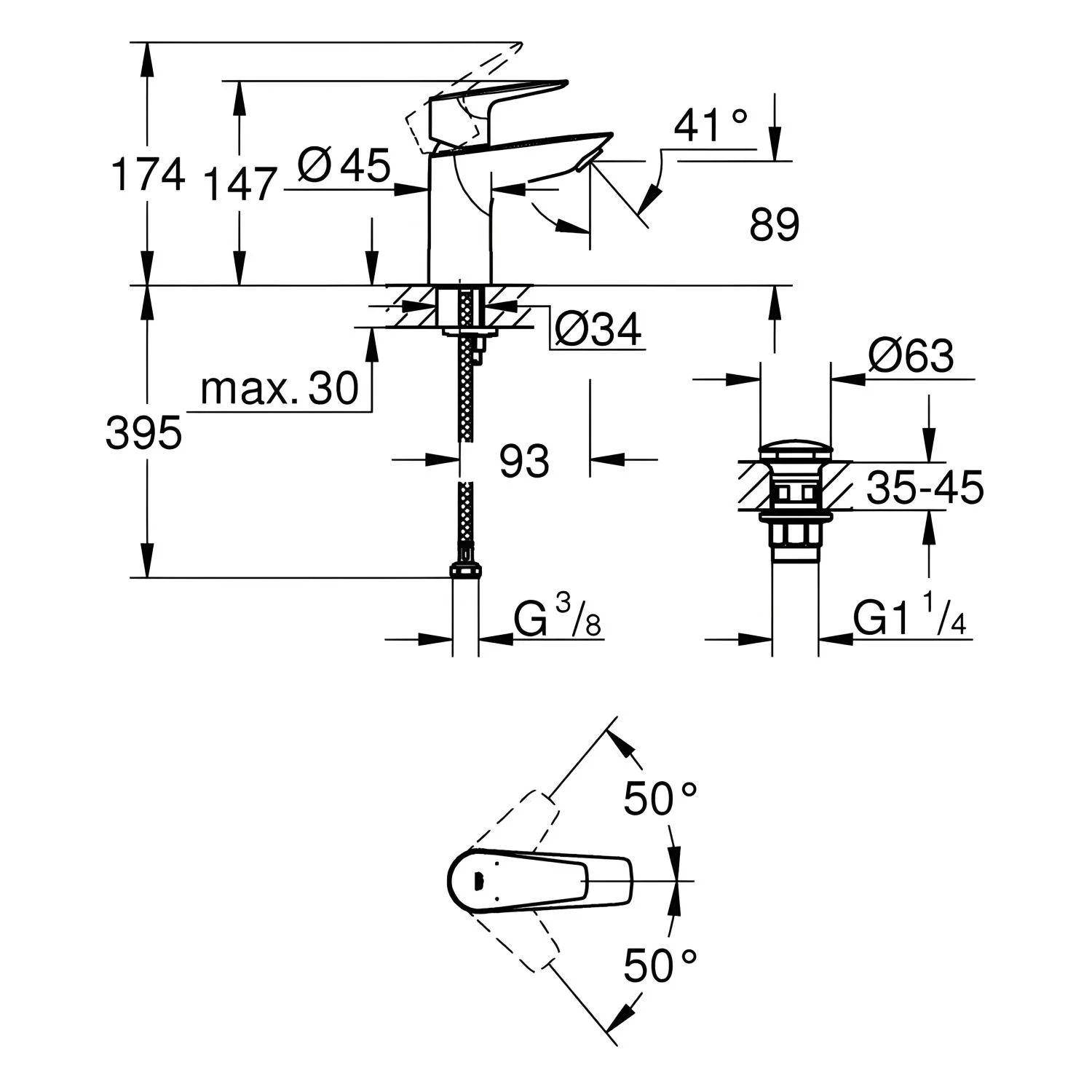 Rysunek techniczny baterii umywalkowej z wymiarami, Grohe
