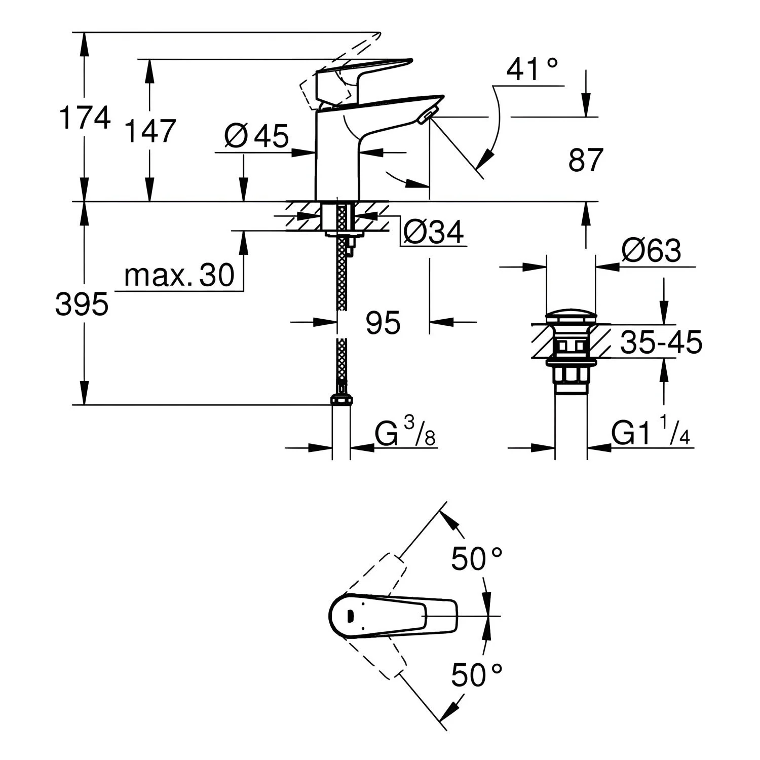 Rysunek techniczny baterii umywalkowej z wymiarami, Grohe
