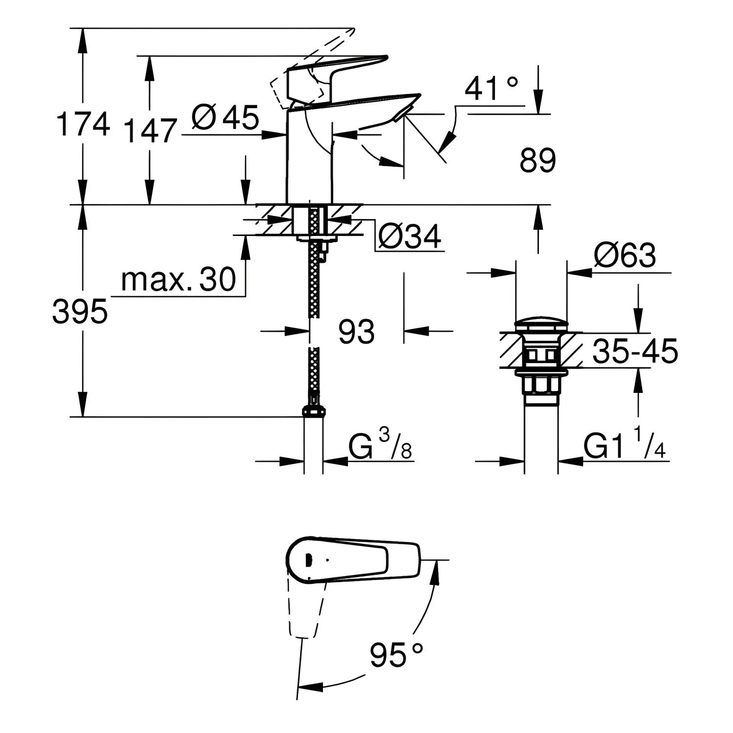 Rysunek techniczny baterii umywalkowej z wymiarami, Grohe