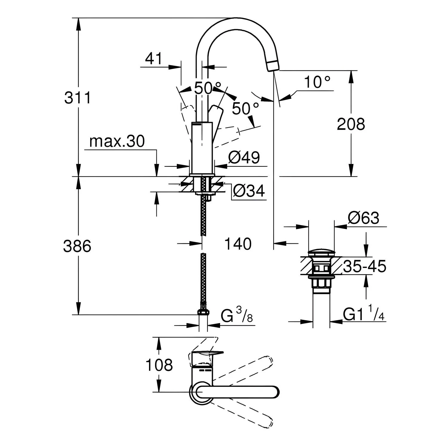 Rysunek techniczny baterii umywalkowej z wymiarami, Grohe