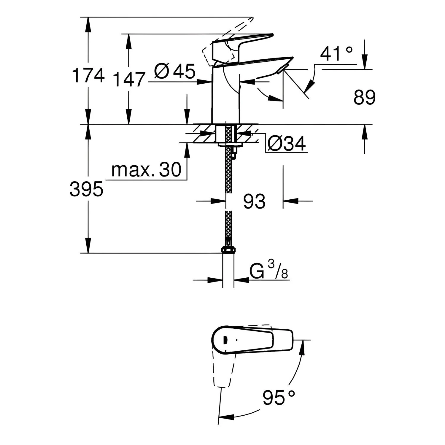 Rysunek techniczny baterii umywalkowej z wymiarami, Grohe