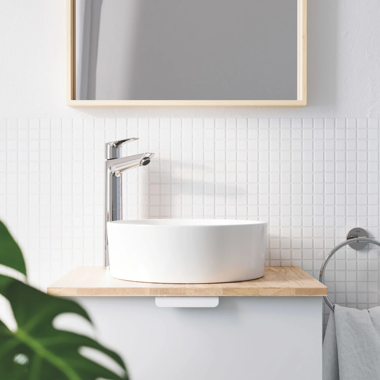Bateria umywalkowa z okrągłą umywalką i lustrem, Grohe