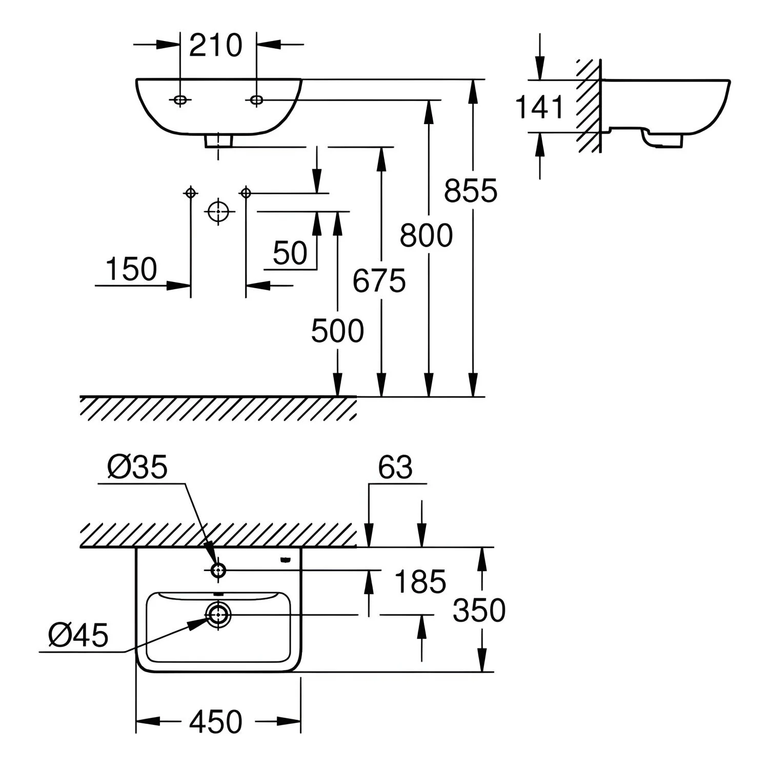 Rysunek techniczny umywalki 45 cm, Grohe