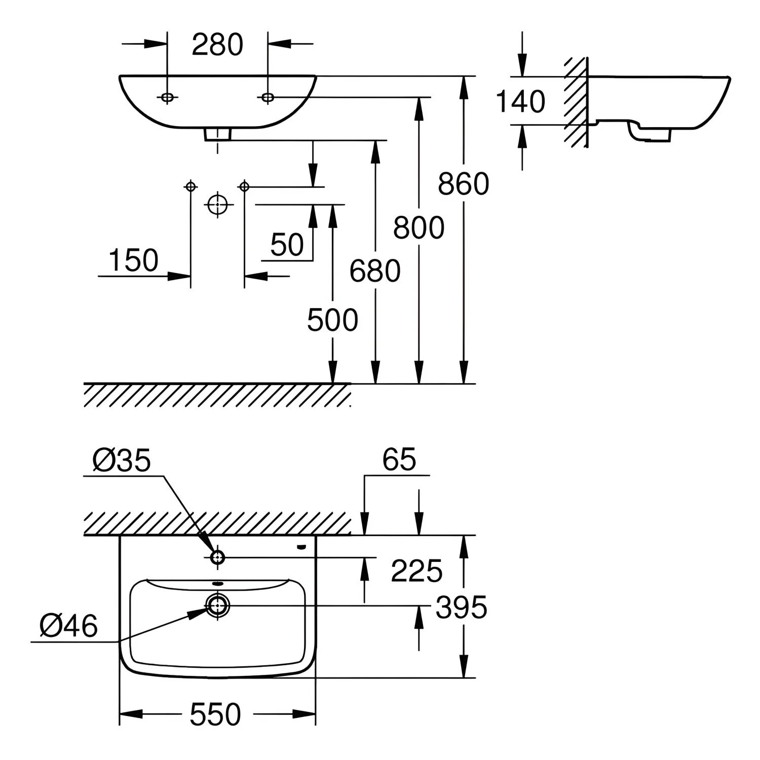 Rysunek techniczny umywalki 55 cm, Grohe