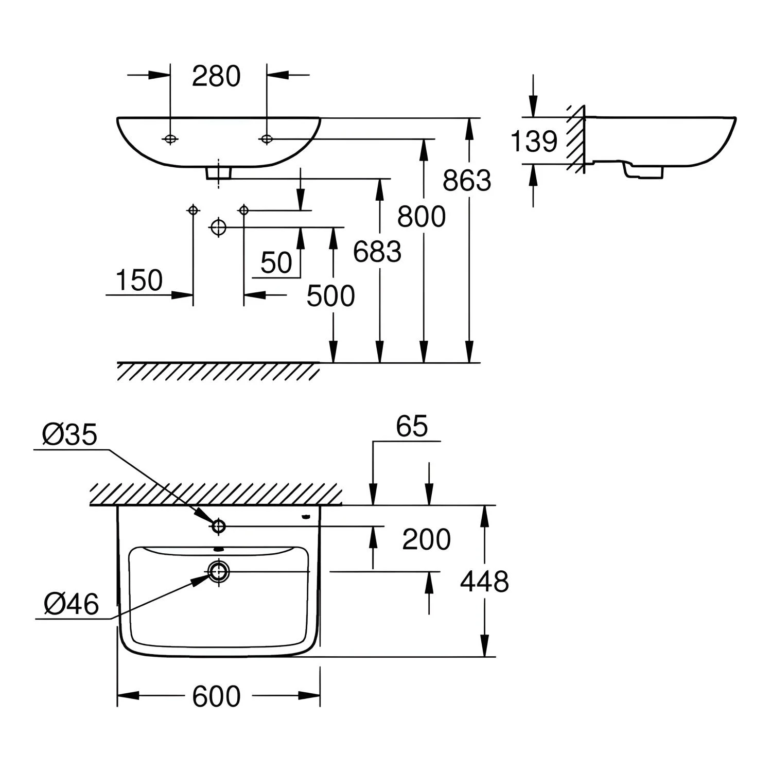Rysunek techniczny umywalki 60 cm, Grohe