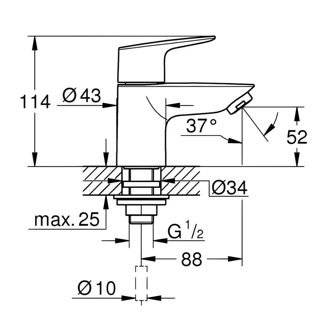 Rysunek techniczny zaworu stojącego z wymiarami, Grohe