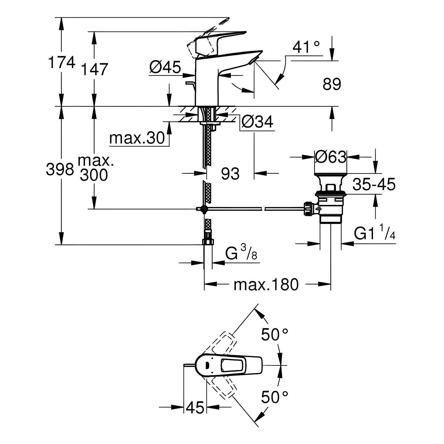 Rysunek techniczny baterii umywalkowej z wymiarami, Grohe