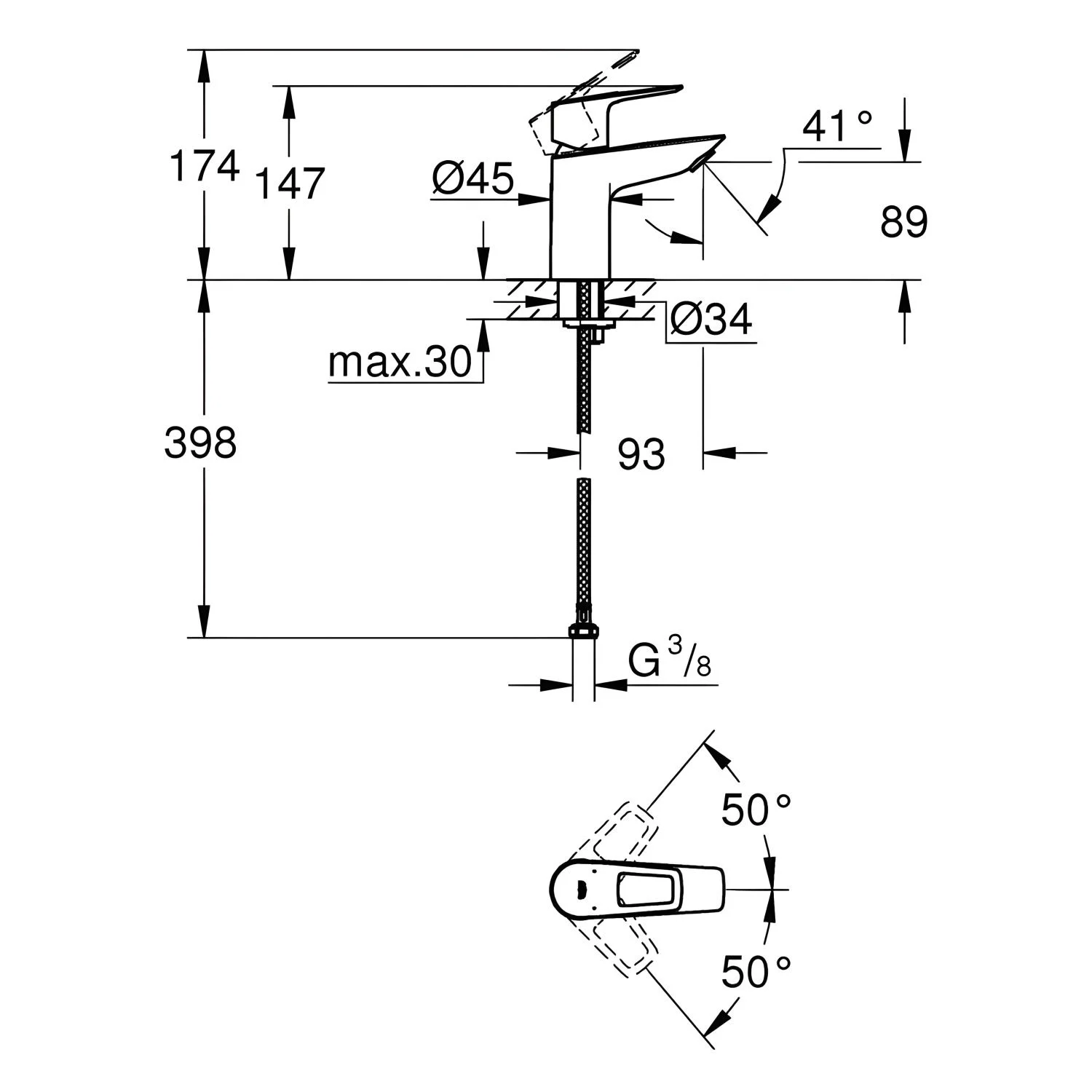 Rysunek techniczny baterii umywalkowej z wymiarami, Grohe