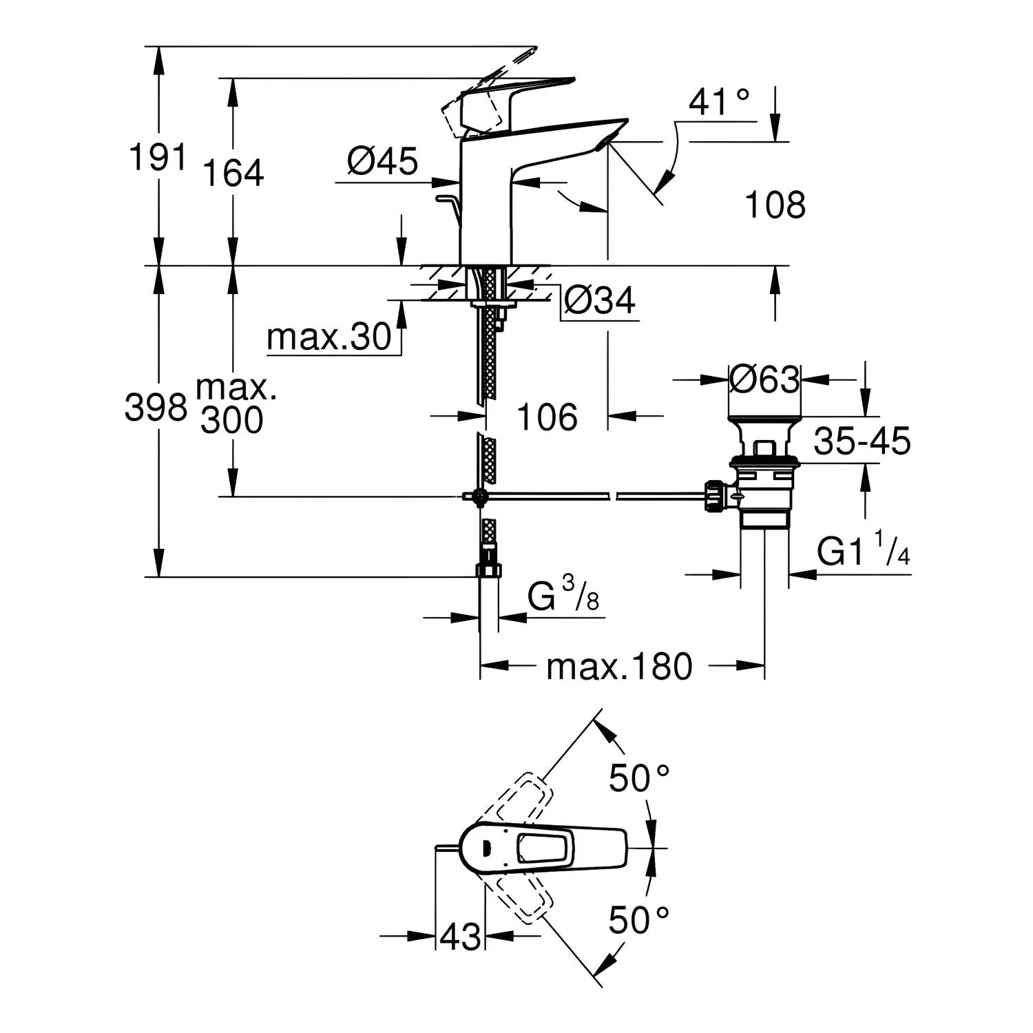 Rysunek techniczny baterii umywalkowej z wymiarami, Grohe