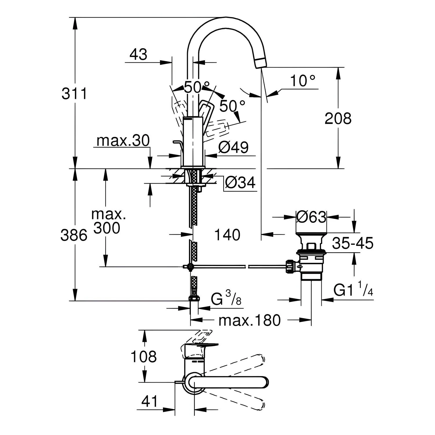 Rysunek techniczny baterii umywalkowej z wymiarami, Grohe