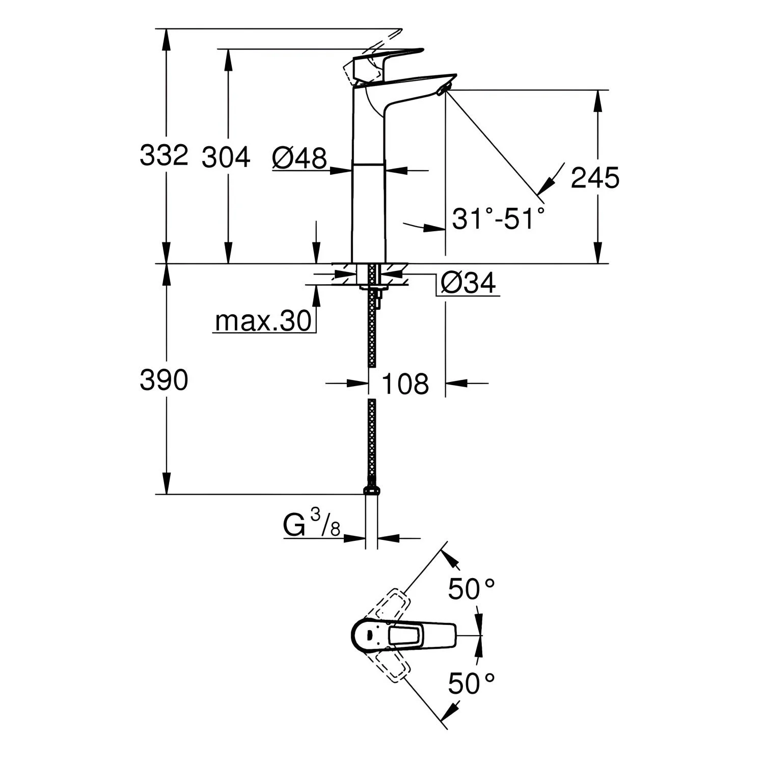 Rysunek techniczny baterii umywalkowej z wymiarami, Grohe