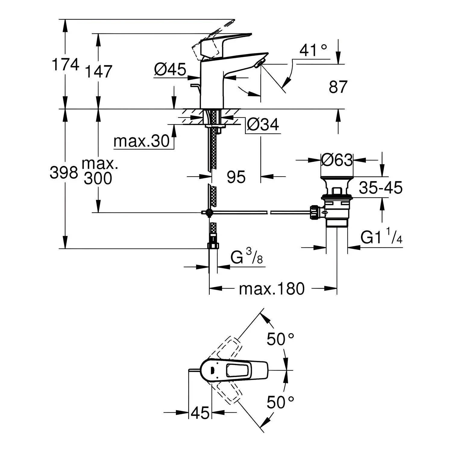 Rysunek techniczny baterii umywalkowej z wymiarami, Grohe