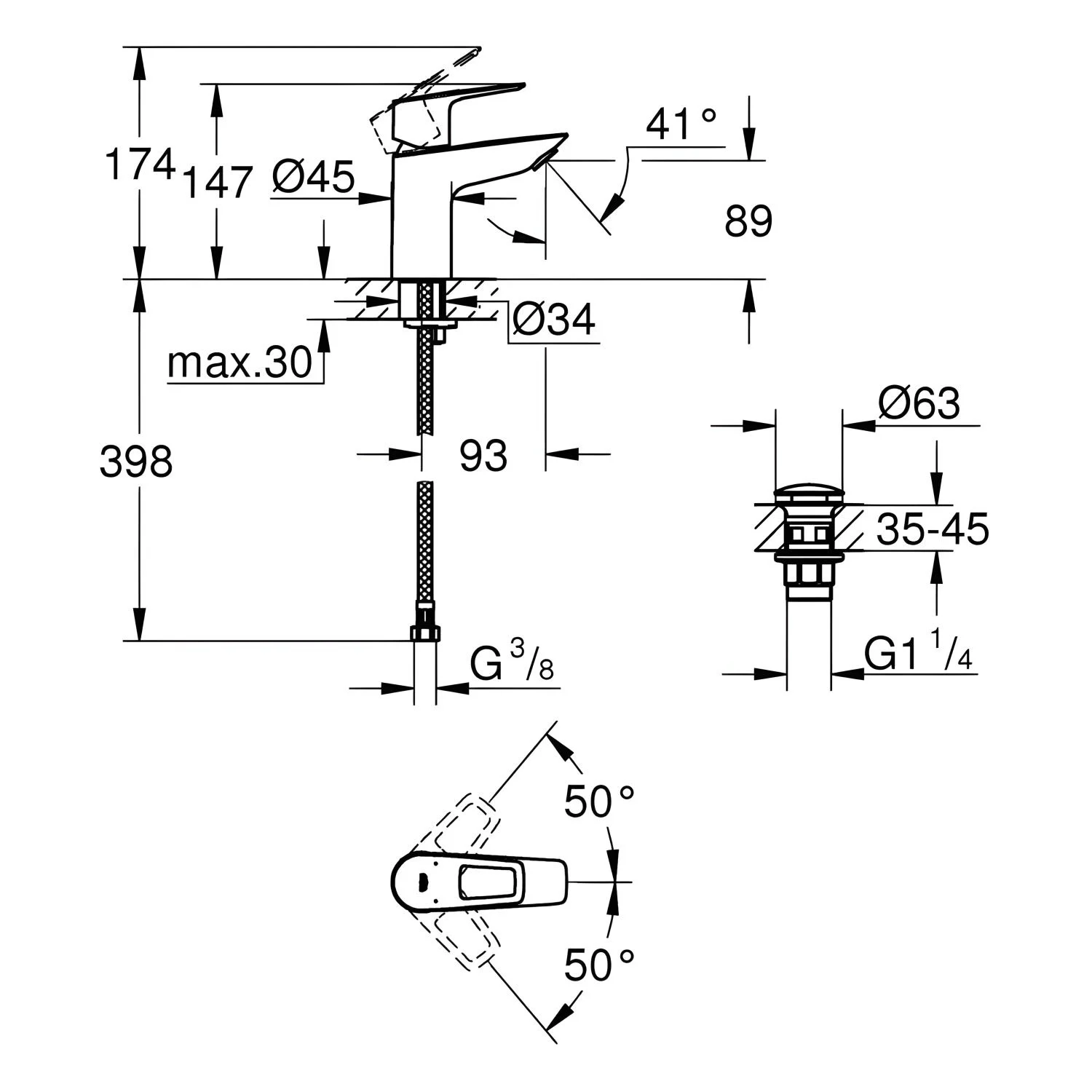 Rysunek techniczny baterii umywalkowej z wymiarami, Grohe
