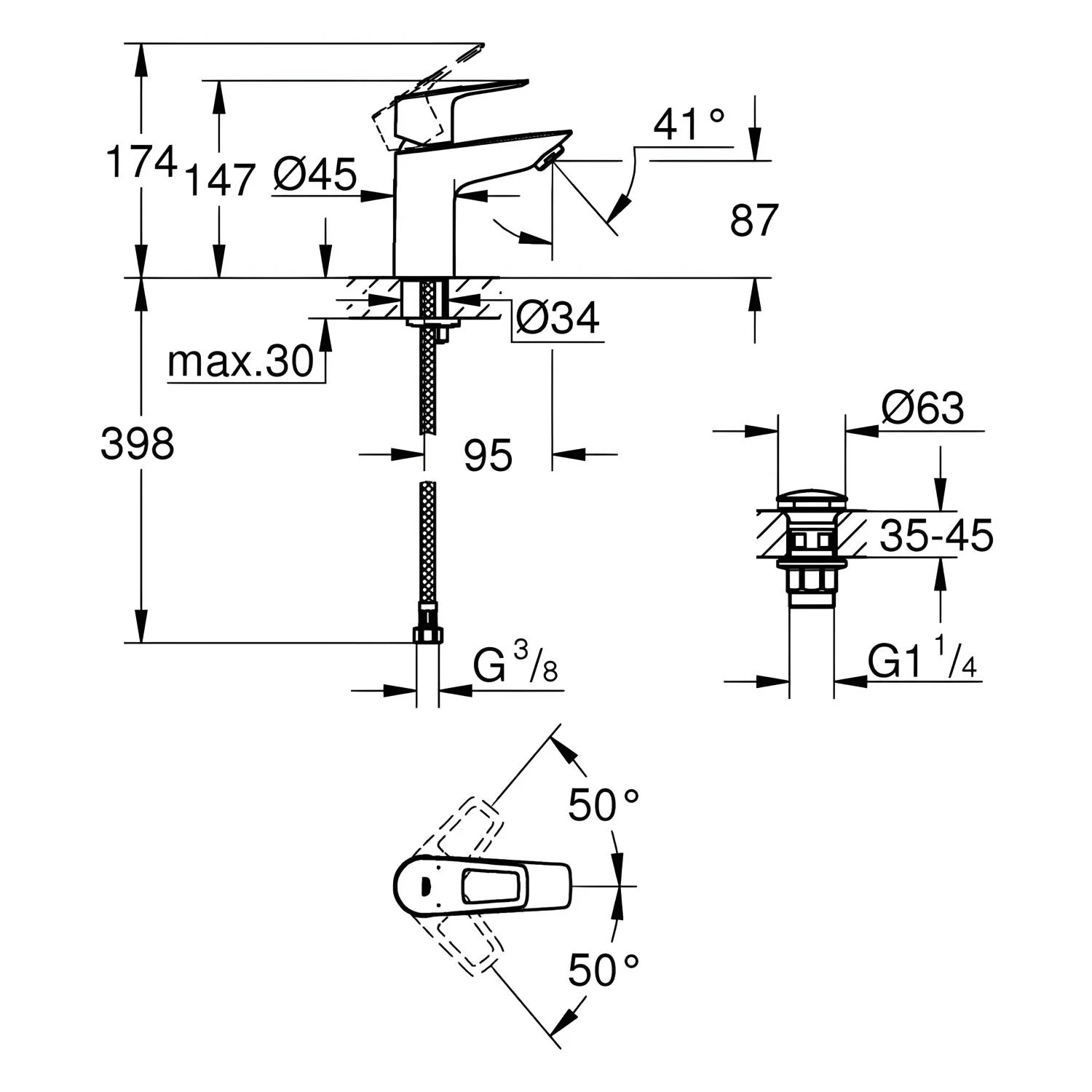 Rysunek techniczny baterii umywalkowej z wymiarami, Grohe