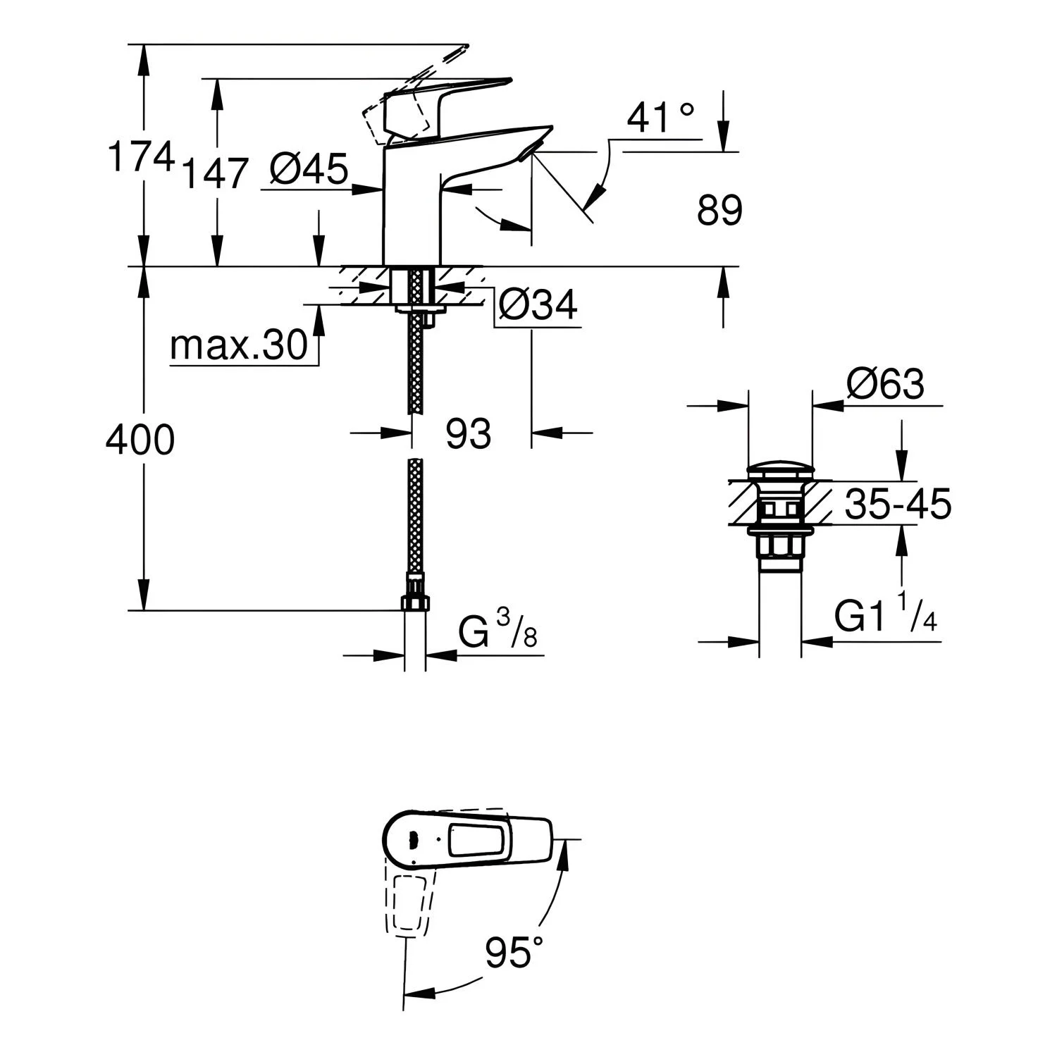 Rysunek techniczny baterii umywalkowej z wymiarami, Grohe