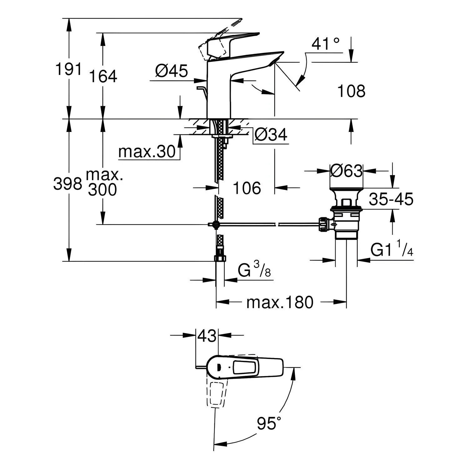 Rysunek techniczny baterii umywalkowej z wymiarami, Grohe